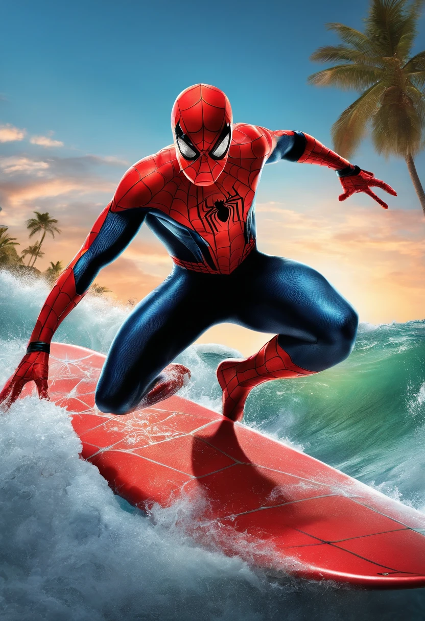 Spider-Man surfing on a surfboard