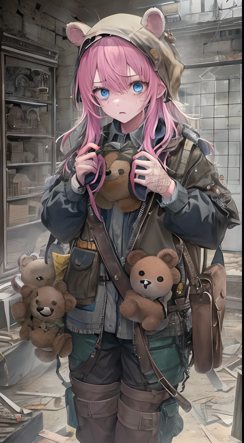 1girll, Pink hair, Blue eyes, (cowboy_Shot:1.2), Face focus, Long hair, side locks,Cry,Extreme panic, Scared,(terrified:1.1) expression, holding teddy bear, Atmospheric lighting, Moody, Darkness, In an abandoned old museum, Clear glass display case full of interesting items, Dusty, Post-apocalypse, spiderwebs, masterful, Beautiful 8k wallpaper, Extremely detailed, iintricate