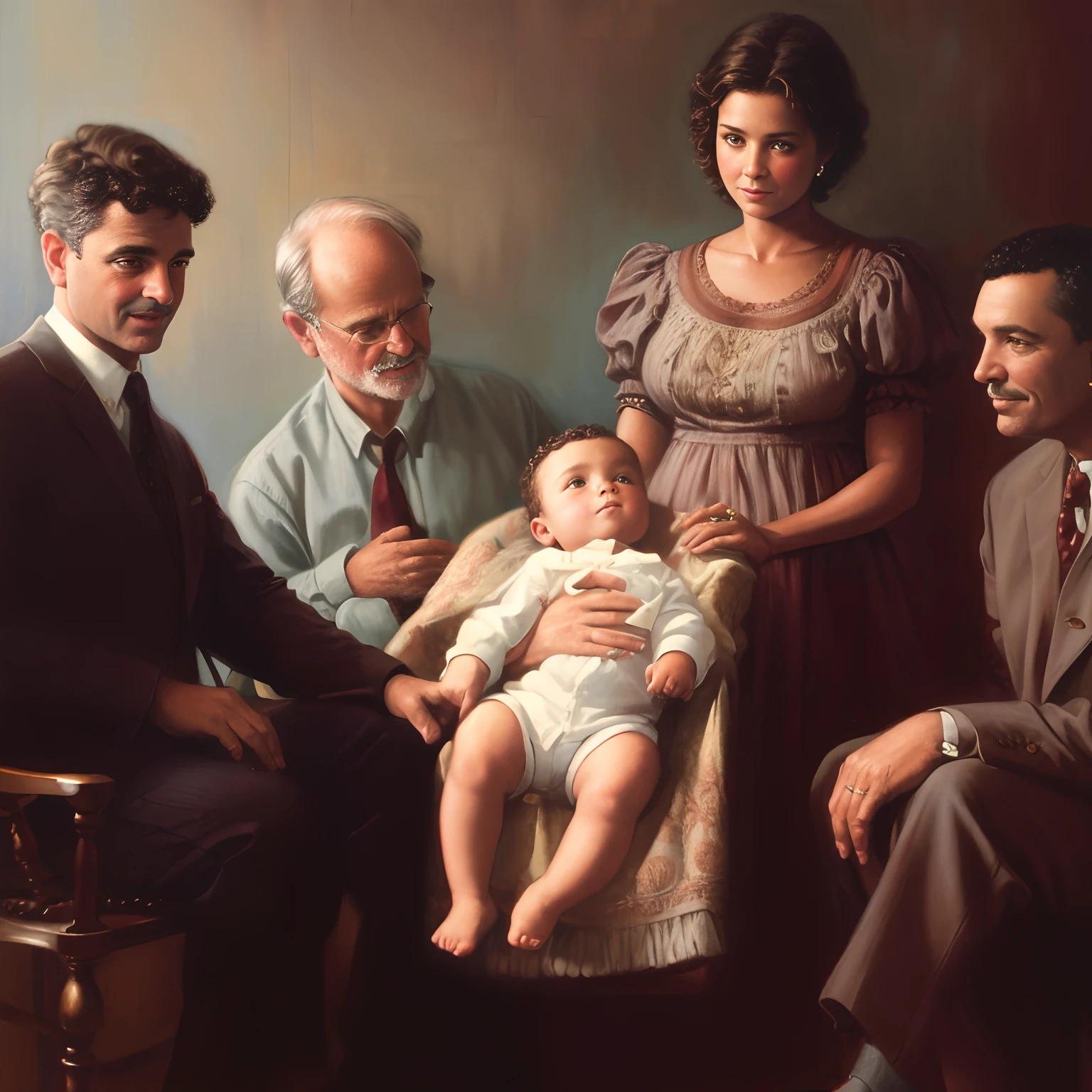 painting of a family with a  and two adults, family portrait, Rockwell normal, O Nascimento, Hildebrandt, Directed by: Bob Byerley, pintura de, mourning family, inspirado em Albert Henry Krehbiel, Directed by: Laszlo Balogh, retrato moderno, Directed by: Ferdinand Knab, retrato de grupo, inspirado em Bob Byerley, Retrato no centro