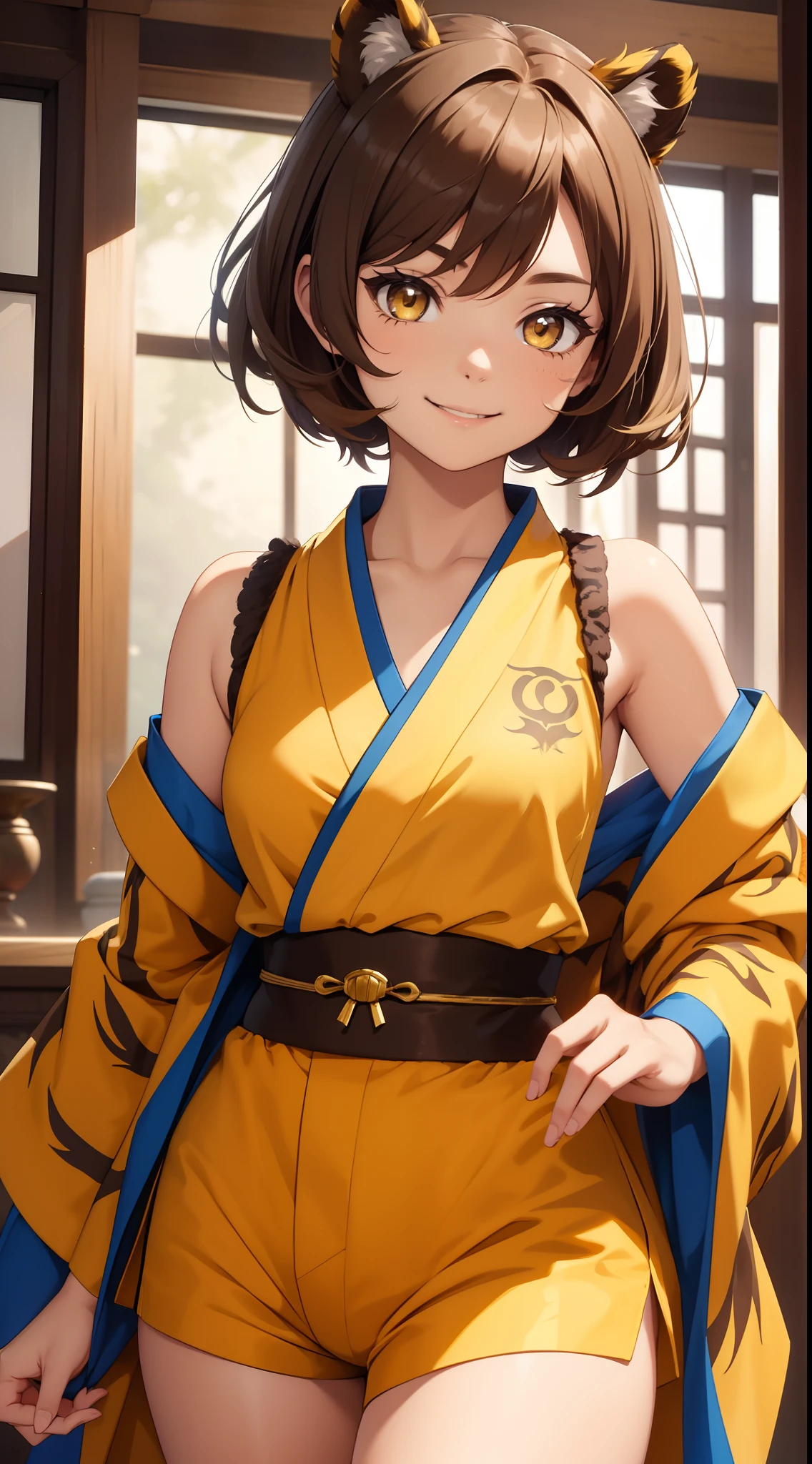 young girl, short brown hair, Two buns, Yellow eyes, Smile, tiger tail, Blue kimono, Gold Details, Sleeveless, Shorts, Masterpiece, hiquality, 4k, HD, Good detail