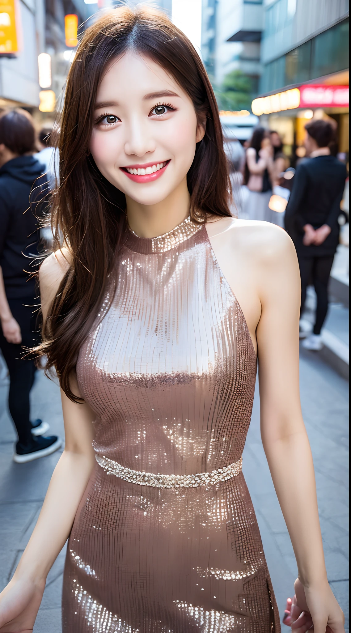 ((Best quality, 8k, Masterpiece :1.3)), 1girl, smiling, full body, slim face, Pretty woman, (Dark brown hair), full length dress :1.1, Ultra-detailed face, Detailed eyes, Double eyelid, blur background, slim face, city, outside, street,