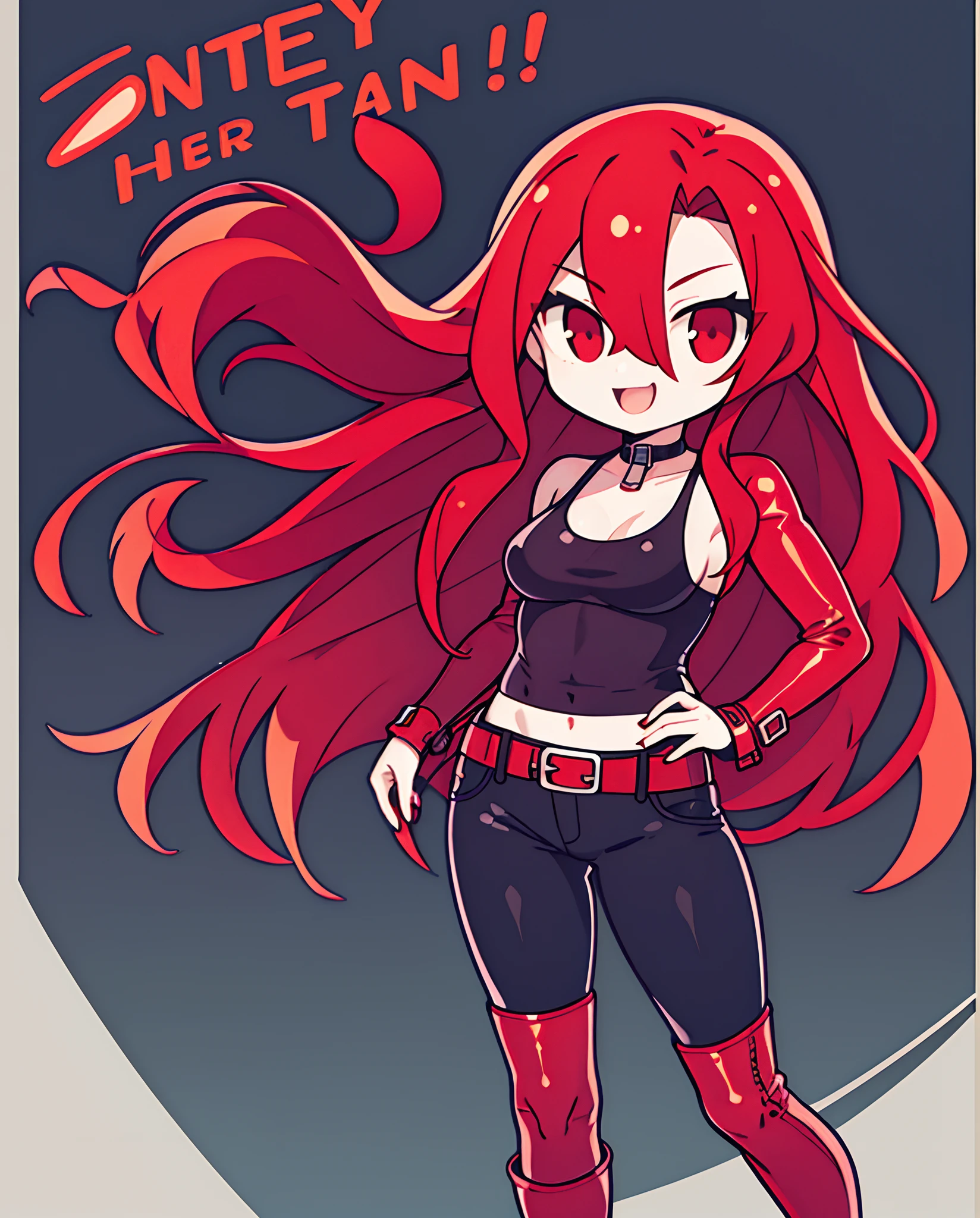 a cool,20th generation female,long red wavy hair,Wearing a long red leather coat,Leather Tight Pants,a belt,Navel Ejection,Tank Tops,glareing,With keen eyes,Comical illustration