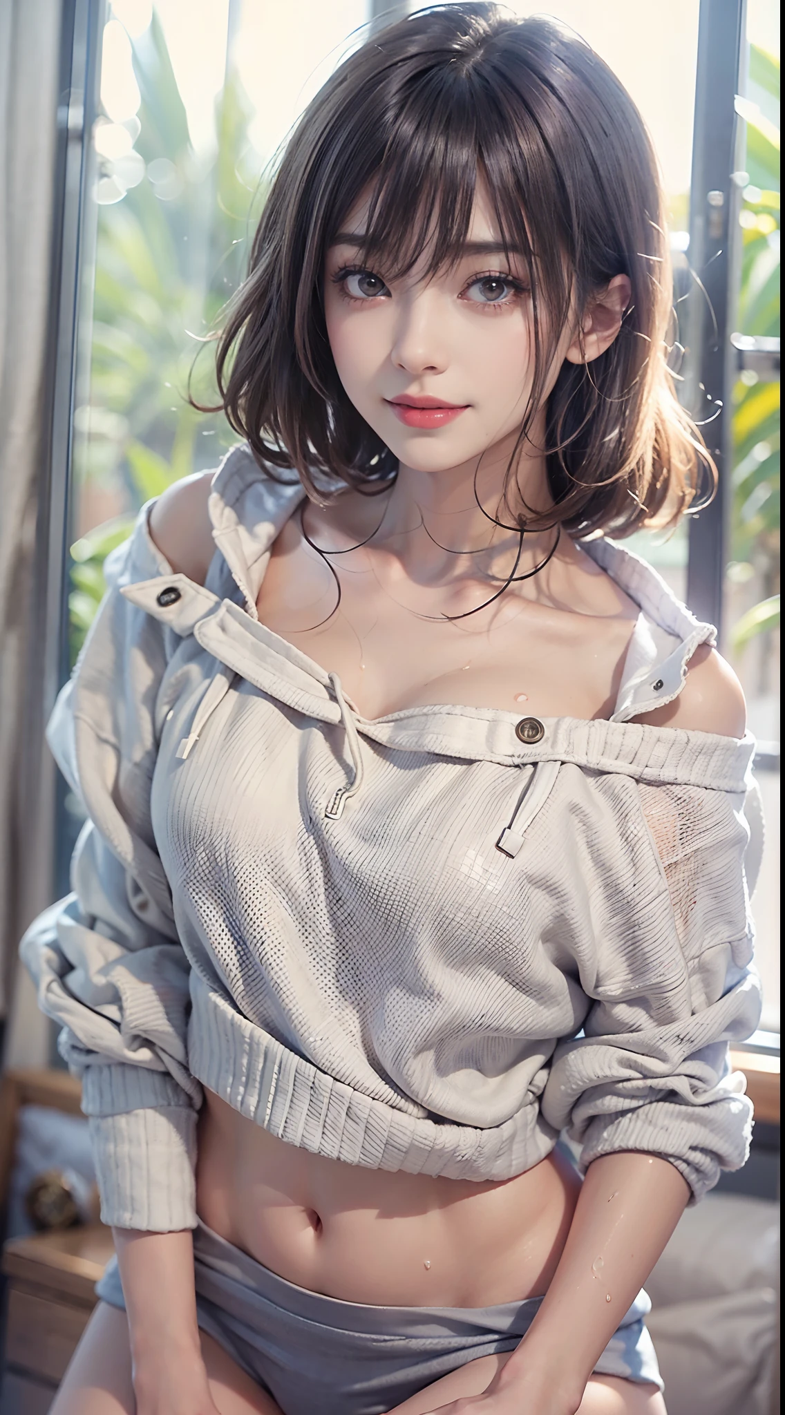 (NSFW), 1womanl, Solo, 24 year old, 7headed body, (cute face), (Ideal ratio body proportions), livingroom, (((Sweatshirt))), (((The lower part of the body is completely naked))), long , Wet, Clothes are sheer, Smiling smile, short-hair, Dark hair, small tits, A slender, Small buttocks, beauty legs, Skinny Legs, surrealism, Cinematic lighting, depth of fields, One-person viewpoint, F/1.8, 135 mm, nffsw, masutepiece, ccurate, ((Anatomically correct)), Textured skin, Super Detail, high details, High quality, awardwinning, Best Quality, hight resolution, 8K