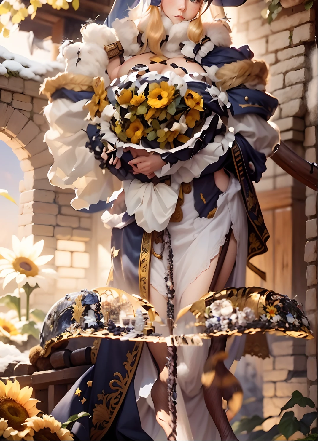 In a very grand scene，The extra-large wide-angle lens captures the appearance of a female centaur。She is a Sunflower Worship nun，Always opposed（Healing emoji smiley face of knitted sunflower puppet😊：99.99）DOA。She is tall，It has the ultimate curvy beauty，The muscles are slender and firm，Beautiful lines。She has（Super huge sky blue eyes：99.99）、always（Wearing sexy glasses：6.66）、（She wears solemn nun attire：9.9）、Stepping on a boot-style skyscraper-heel、A pink cross hangs on his chest。Use Midjourney's advanced tools，Designed for female centaurs（A knitted sunflower puppet and create a super healing cartoon smiley face in the center of the flower tray as a decoration：9.9），and noble and solemn nun costumes，and highlight her unique physiological characteristics and appearance details，Add realism。And in the context of her prayers and listening to confessions，Spectacular views of nature，Such as the sky where storms and sunny days alternate、Brilliant rivers of stars and auroras、The snow-capped summit of Mount Everest、Fireworks in the mountain town, etc。ao mesmo tempo，Away from the hustle and bustle next to the chapel，Create a fantastic scene。Use Midjourney's advanced tools and multiple color palettes、Brush Strokes、Texture tools and model packages，It shows a sense of atmosphere where beauty and charm coexist。The charm of the female centaur is highlighted through color and lines，Enhance realism with detailing，Create a surreal dreamy feeling。Additionally，Use Midjourney's tools to add various exorcism props and books to the female centaur、pergaminhos，Create intricate hairstyles and outfits，Give her a sense of premium。She never flinches，No matter what monster you encounter，can respond quickly，Even the most extreme armies of natural disasters and monsters could not stop her and her front（Sunflower with Tyndall effect that emits sunlight9.99）。Use Midjourney's powerful tools，You can do it with incredible detail and beauty，Bring this ultra-grand and beautiful scene to life。Ultra-grand sc