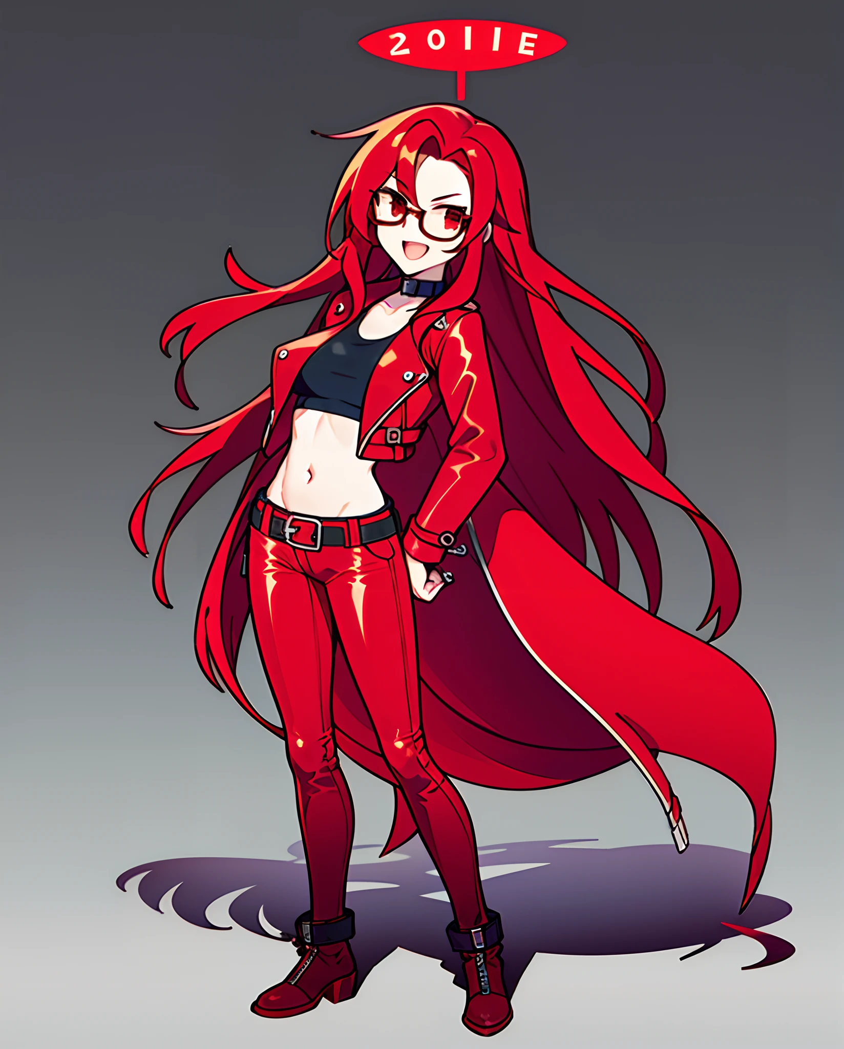 a cool,20th generation female,long red wavy hair,Wearing a long red leather coat,Leather Tight Pants,a belt,Navel Ejection,Tank Tops,glareing,With keen eyes,Comical illustration