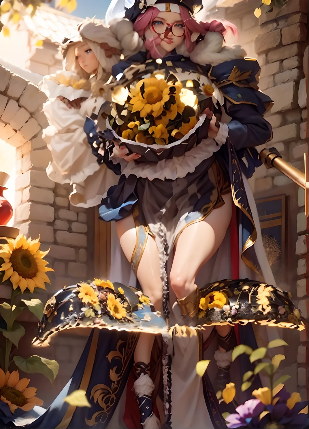In a very grand scene，The extra-large wide-angle lens captures the appearance of a female centaur。She is a Sunflower Worship nun，Always opposed（Healing emoji smiley face of knitted sunflower puppet😊：99.99）DOA。She is tall，It has the ultimate curvy beauty，The muscles are slender and firm，Beautiful lines。She has（Super huge sky blue eyes：99.99）、always（Wearing sexy glasses：6.66）、（She wears solemn nun attire：9.9）、Stepping on a boot-style skyscraper-heel、A pink cross hangs on his chest。Use Midjourney's advanced tools，Designed for female centaurs（A knitted sunflower puppet and create a super healing cartoon smiley face in the center of the flower tray as a decoration：9.9），and noble and solemn nun costumes，and highlight her unique physiological characteristics and appearance details，Add realism。And in the context of her prayers and listening to confessions，Spectacular views of nature，Such as the sky where storms and sunny days alternate、Brilliant rivers of stars and auroras、The snow-capped summit of Mount Everest、Fireworks in the mountain town, etc。ao mesmo tempo，Away from the hustle and bustle next to the chapel，Create a fantastic scene。Use Midjourney's advanced tools and multiple color palettes、Brush Strokes、Texture tools and model packages，It shows a sense of atmosphere where beauty and charm coexist。The charm of the female centaur is highlighted through color and lines，Enhance realism with detailing，Create a surreal dreamy feeling。Additionally，Use Midjourney's tools to add various exorcism props and books to the female centaur、pergaminhos，Create intricate hairstyles and outfits，Give her a sense of premium。She never flinches，No matter what monster you encounter，can respond quickly，Even the most extreme armies of natural disasters and monsters could not stop her and her front（Sunflower with Tyndall effect that emits sunlight9.99）。Use Midjourney's powerful tools，You can do it with incredible detail and beauty，Bring this ultra-grand and beautiful scene to life。Ultra-grand sc