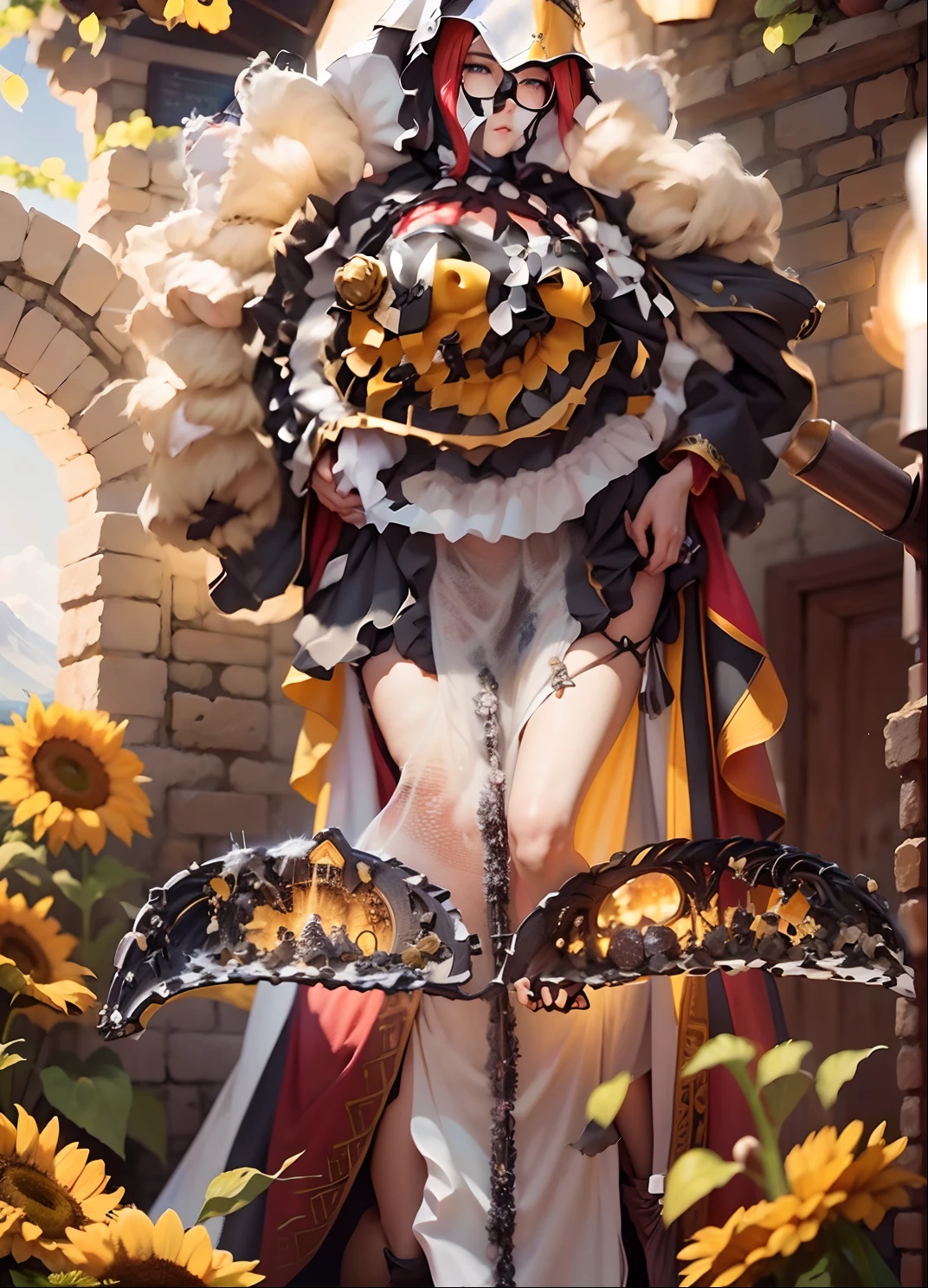 In a very grand scene,The extra-large wide-angle lens captures the appearance of a female centaur。She is a Sunflower Worship nun,Always opposed(Healing emoji smiley face of knitted sunflower puppet😊:99.99)DOA。She is tall,It has the ultimate curvy beauty,The muscles are slender and firm,Beautiful lines。She has(Super huge sky blue eyes:99.99)、always(Wearing sexy glasses:6.66)、(She wears solemn nun attire:9.9)、Stepping on a boot-style skyscraper-heel、A pink cross hangs on his chest。Use Midjourney's advanced tools,Designed for female centaurs(A knitted sunflower puppet and create a super healing cartoon smiley face in the center of the flower tray as a decoration:9.9),and noble and solemn nun costumes,and highlight her unique physiological characteristics and appearance details,Add realism。And in the context of her prayers and listening to confessions,Spectacular views of nature,Such as the sky where storms and sunny days alternate、Brilliant rivers of stars and auroras、The snow-capped summit of Mount Everest、Fireworks in the mountain town, etc。ao mesmo tempo,Away from the hustle and bustle next to the chapel,Create a fantastic scene。Use Midjourney's advanced tools and multiple color palettes、Brush Strokes、Texture tools and model packages,It shows a sense of atmosphere where beauty and charm coexist。The charm of the female centaur is highlighted through color and lines,Enhance realism with detailing,Create a surreal dreamy feeling。Additionally,Use Midjourney's tools to add various exorcism props and books to the female centaur、pergaminhos,Create intricate hairstyles and outfits,Give her a sense of premium。She never flinches,No matter what monster you encounter,can respond quickly,Even the most extreme armies of natural disasters and monsters could not stop her and her front(Sunflower with Tyndall effect that emits sunlight9.99)。Use Midjourney's powerful tools,You can do it with incredible detail and beauty,Bring this ultra-grand and beautiful scene to life。Ultra-grand sc