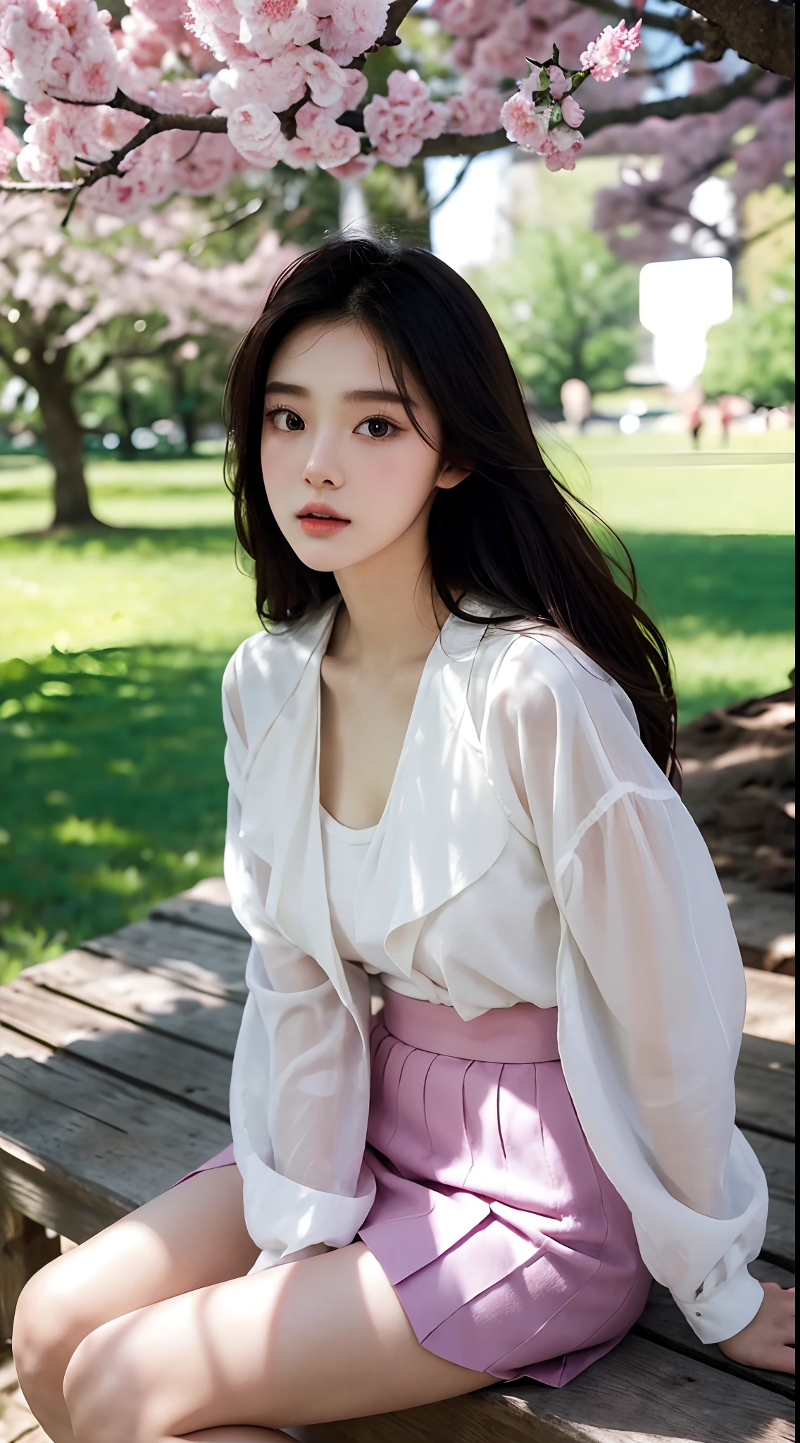 (Best quality, Masterpiece,16k), 1girll, Korean girl,18yr old,Absolutely beautiful, Amazing, In the park,Under the peach blossoms,Noble,perfect bodies, Perfect face shape,Charming eyes,Bright big eyes,二重まぶた,Long eyelashes,sensual lip,White skin,The gauze skirt flew up,Very real,goodlooking,Ethereal beauty