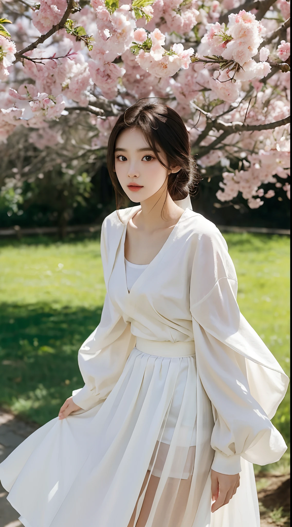 Outdoor, Looking at camera, Blush, 1girl, Cute, Seated, (Smile:1.15), (Closed mouth), Makeup, (Small:1.1), Fine eyes, (Eyelashes:1.1), (Cleavage:1.1),Knee socks, (Back arm: 1.4), (Upper body: 1.6), See-through, Han Dress, Jin, Jin Dynasty, Jin Clothing, big breasts