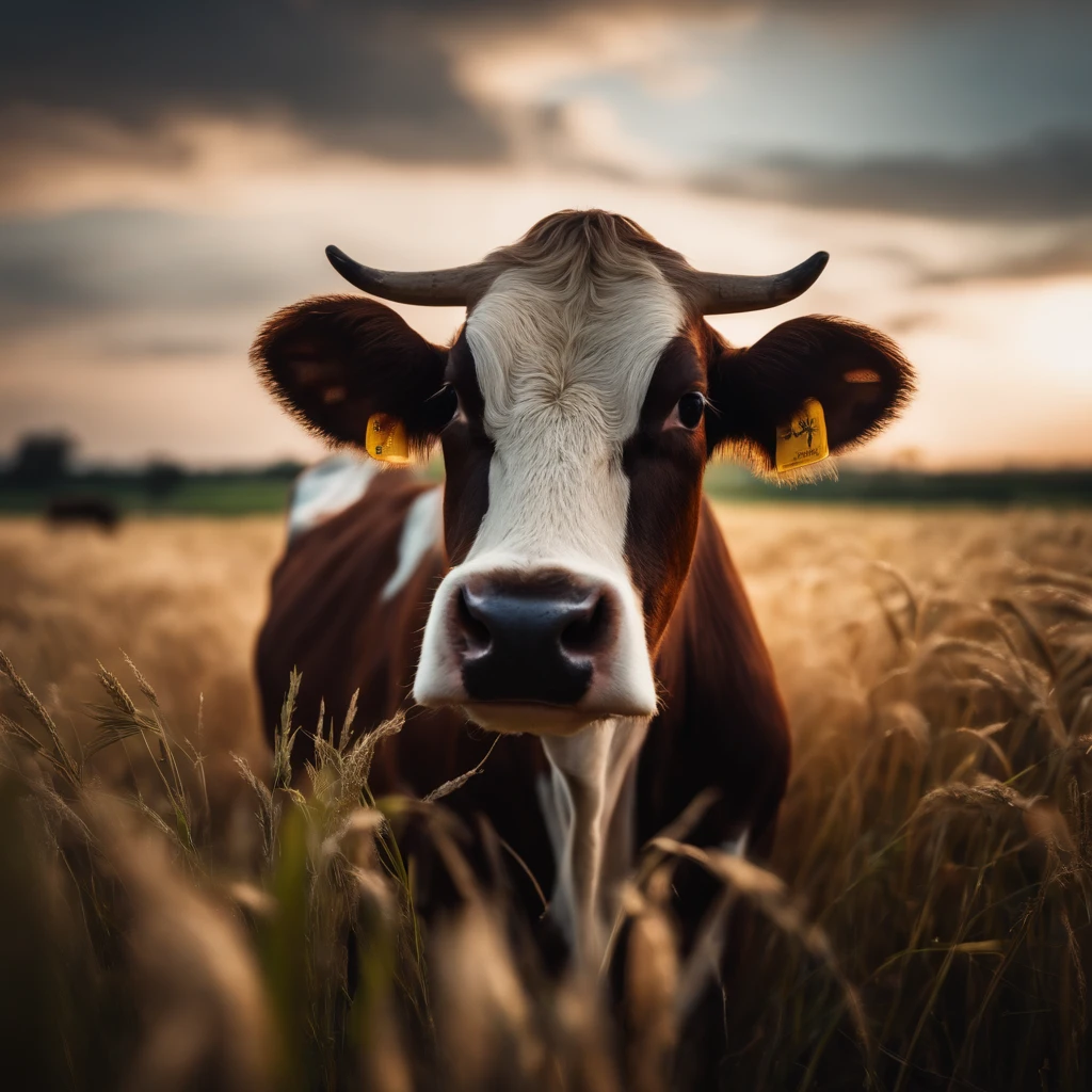 cow, rice field, grass, nighttime
