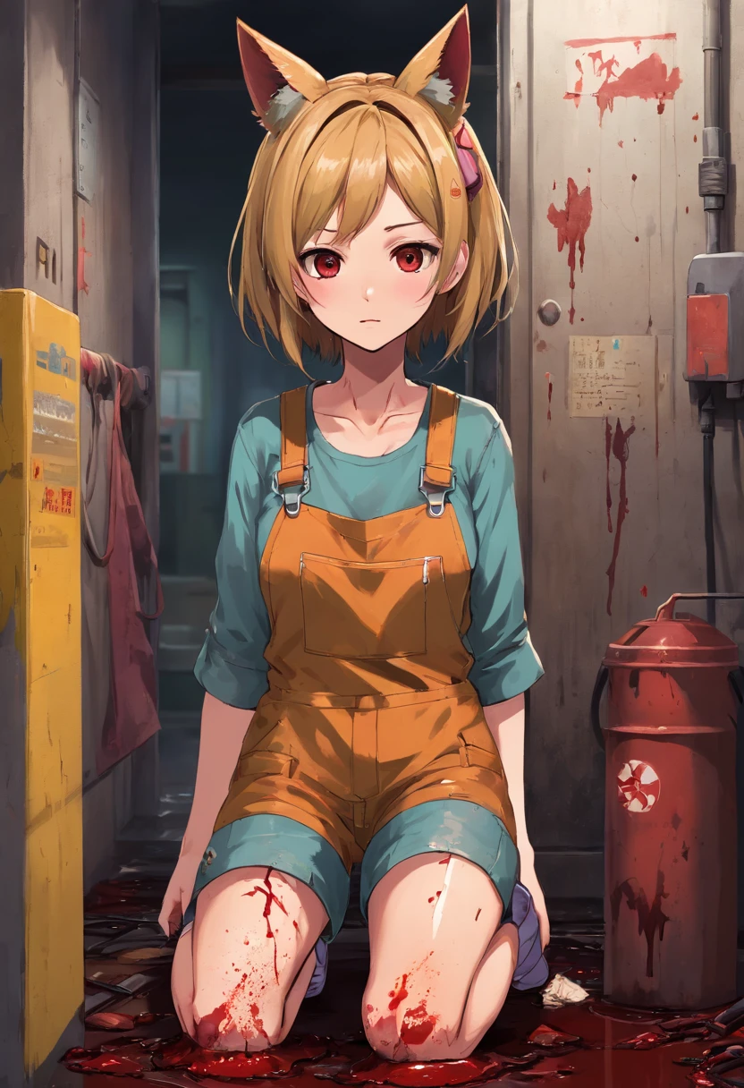 dirty scene of female serial killer catgirl with two cat ears in brightly-lit warehouse in realistic style, close portrait shot of feminine neglected senior woman with cat ears in a bloodied blood-covered poop-smeared poop-stained white shirt standing in a well-lit room, working clothes, work clothes, her clothes are torn and dirty, wearing dirty overalls, grease-stained work clothes, (dirty), poop-smears, rust stains, working woman mechanic, stained coveralls, portrait shot torso and up, bodily neglect, homeless filth, eye-level shot, in the rusty and bloody style of the playstation 2 video game silent hill 3, scary dirty, hard work, greasy hands, soot, sooty, silent hill aesthetic, resident evil aesthetic, (brightly lit garage), unclean, bodily neglect, ?????? scene, serial killer, bathed in blood, blood blood blood blood blood, realistic poop-smeared, soaked in blood, clothes covered in poop, catgirl from the playstation 3 silent hill,