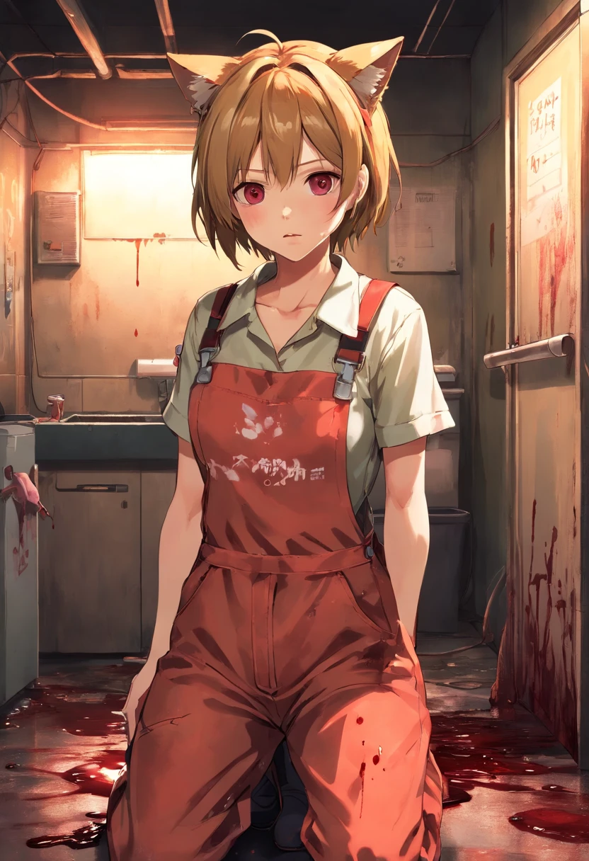dirty scene of female serial killer catgirl with two cat ears in brightly-lit warehouse in realistic style, close portrait shot of feminine neglected senior woman with cat ears in a bloodied blood-covered poop-smeared poop-stained white shirt standing in a well-lit room, working clothes, work clothes, her clothes are torn and dirty, wearing dirty overalls, grease-stained work clothes, (dirty), poop-smears, rust stains, working woman mechanic, stained coveralls, portrait shot torso and up, bodily neglect, homeless filth, eye-level shot, in the rusty and bloody style of the playstation 2 video game silent hill 3, scary dirty, hard work, greasy hands, soot, sooty, silent hill aesthetic, resident evil aesthetic, (brightly lit garage), unclean, bodily neglect, murder scene, serial killer, bathed in blood, blood blood blood blood blood, realistic poop-smeared, soaked in blood, clothes covered in poop, catgirl from the playstation 3 silent hill,