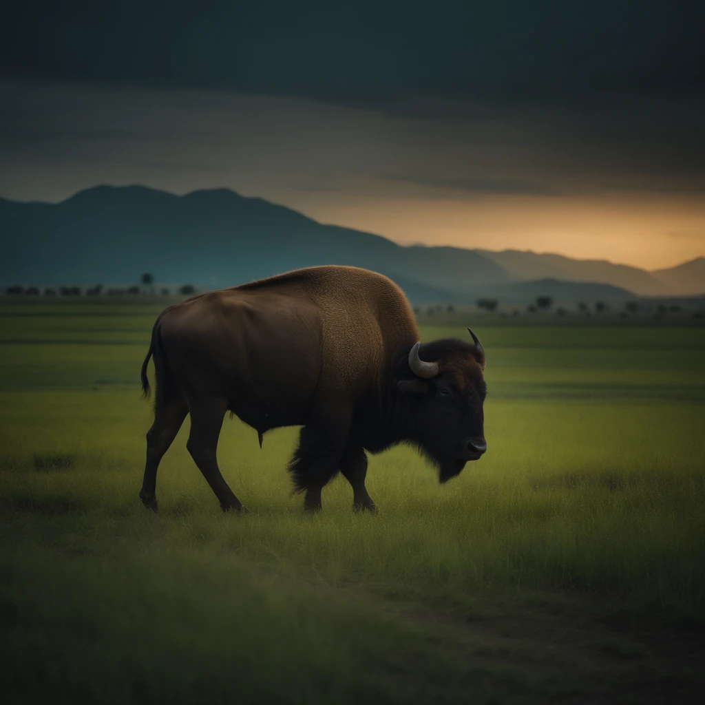 Central Asian buffalo paddy fields, nighttime