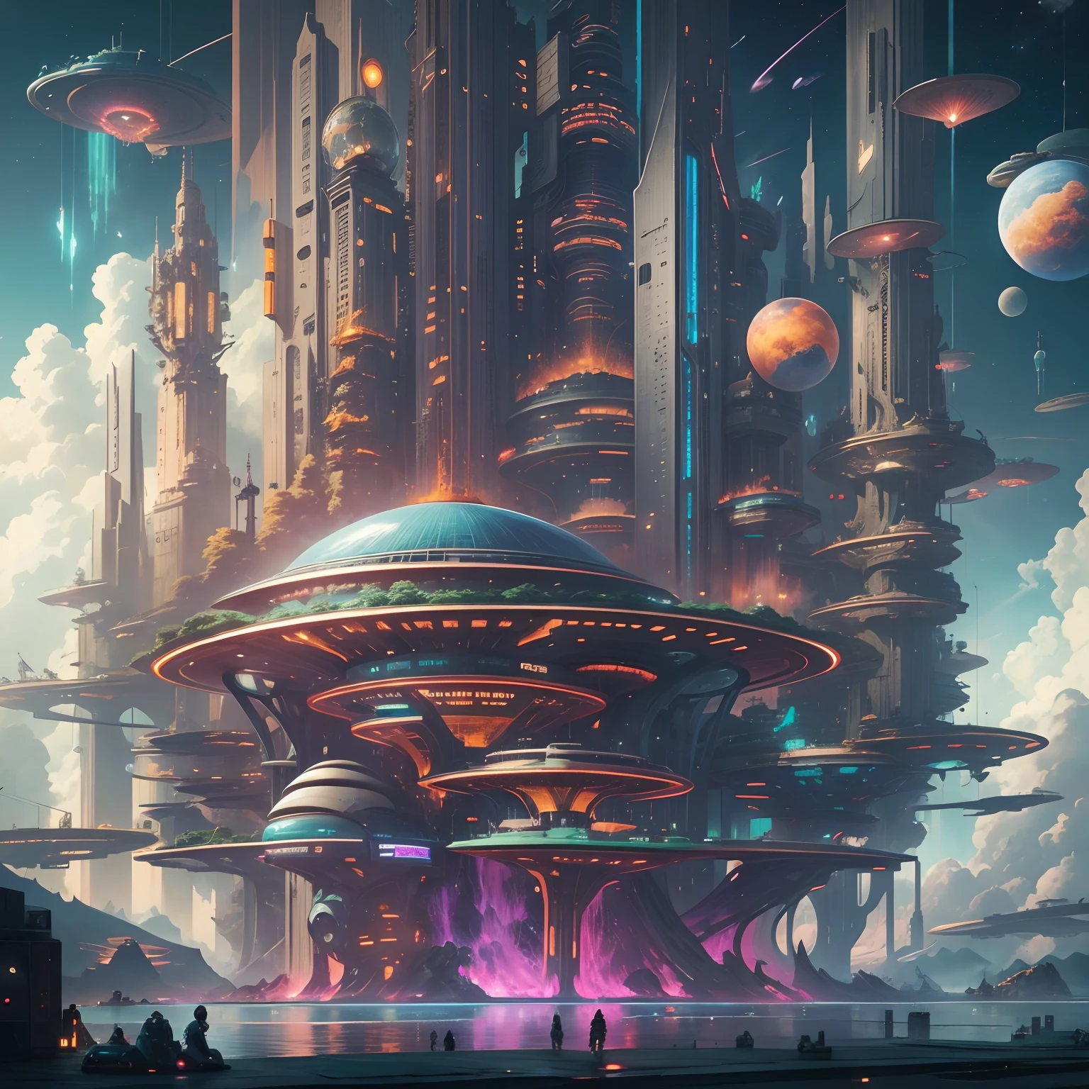Space City、Futuristic cities、floating in the universe、cyberpunked、Skyscrapers line the streets、A space station、top-quality、masterpiece、24century、dream、utopian、planet earth、World of Dreams、Fantasia、𝓡𝓸𝓶𝓪𝓷𝓽𝓲𝓬、Super huge waterfall、SFart by、Super huge structure、