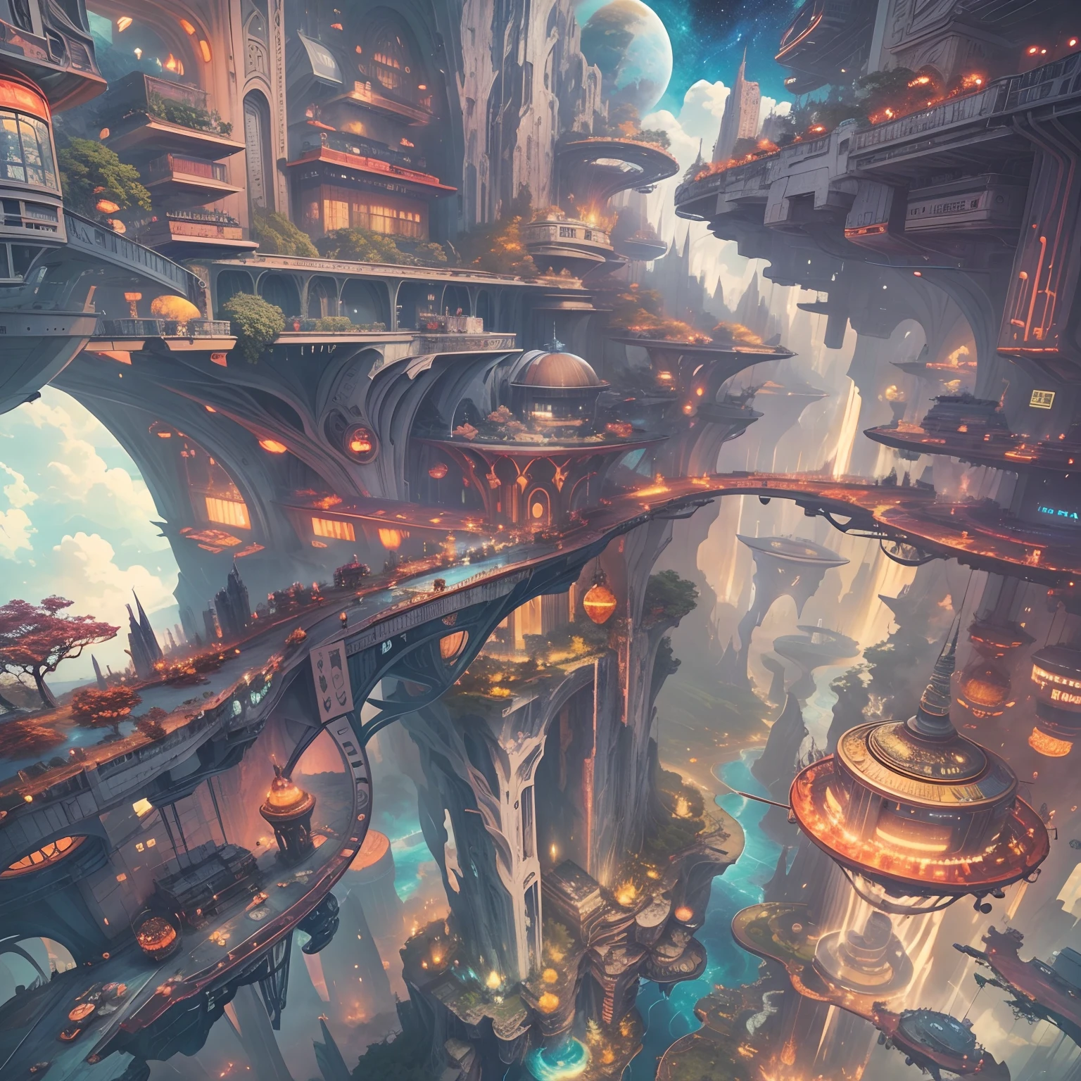 Space City、Futuristic cities、floating in the universe、cyberpunked、Skyscrapers line the streets、A space station、top-quality、​masterpiece、２４century、dream、utopian、planet earth、World of Dreams、Fantasia、𝓡𝓸𝓶𝓪𝓷𝓽𝓲𝓬、Super huge waterfall、ＳＦart by、Super huge structure、