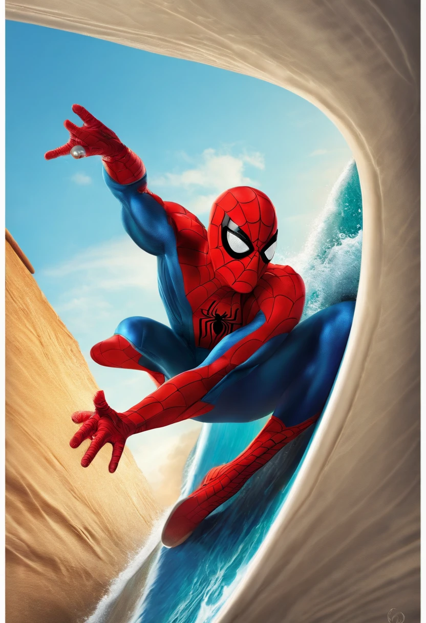 spiderman surfing a wave, illustration