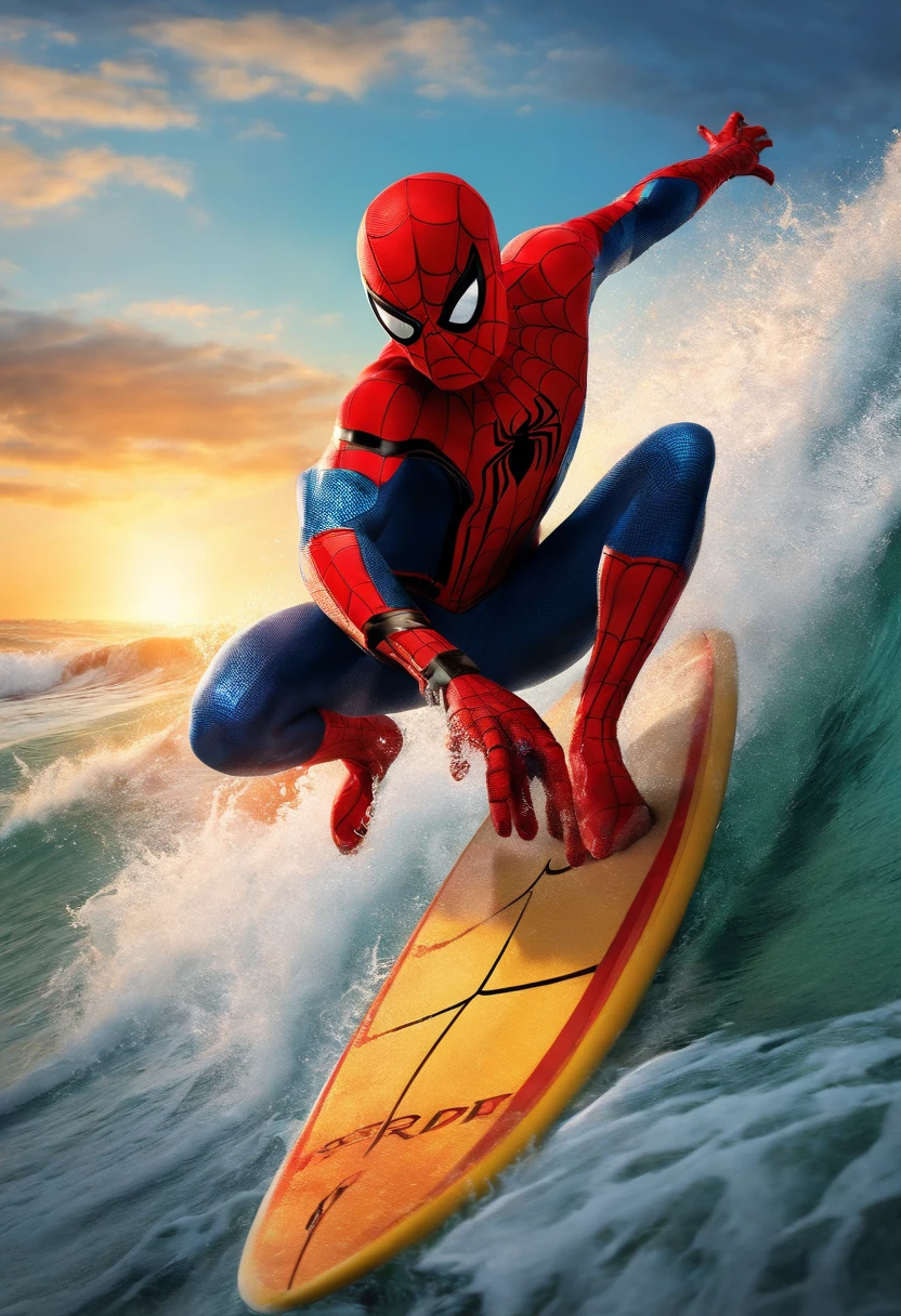 Masterpiece, Best quality, A high resolution, Spider-Man surfing on a surfboard