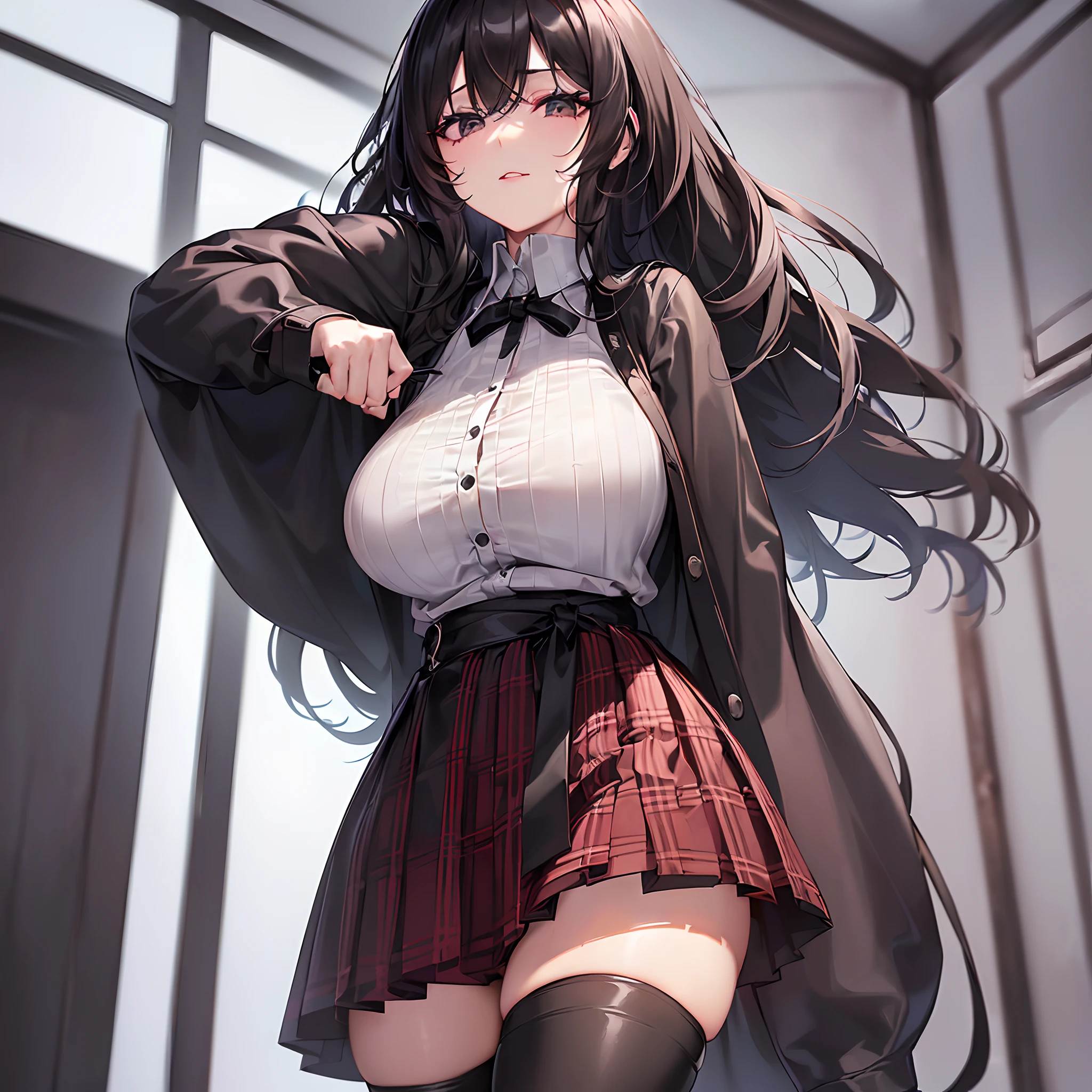 (( she's wearing a plaid, oversized, checkered shirt. it hangs just below her hips and drapes over her breasts. it's quite loose, so you can't see the curves of her body very well. it is only slightly longer than her skirt; which is a black, tartan-print, pleated skirt. the skirt reaches just above her thighs. her tights are black and she's wearing knee-high boots with laces. she's wearing black eyeliner and lip stain, and some dark eye shadow. ))