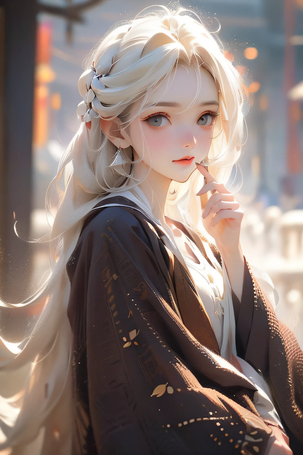 (dark brown eyes:1.2),white hair、extremely delicate face,soft clean focus, Analog 150mm lens、Beautiful Natural Soft Rim Light、Realistic lighting and shading, (an extremely delicate and beautiful art)1.3, Elegant, (Pastel colors)1.2,