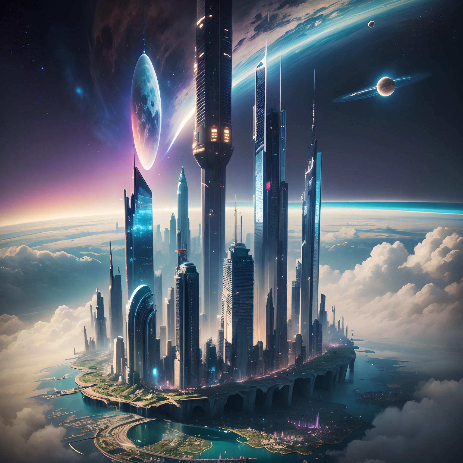 Space City、Futuristic cities、alien、floating in the universe、cyberpunked、skyscrapers line up、A space station、top-quality、masterpiece、24century、dream、utopian、planet earth、World of Dreams、Fantasia、𝓡𝓸𝓶𝓪𝓷𝓽𝓲𝓬、Beautiful city