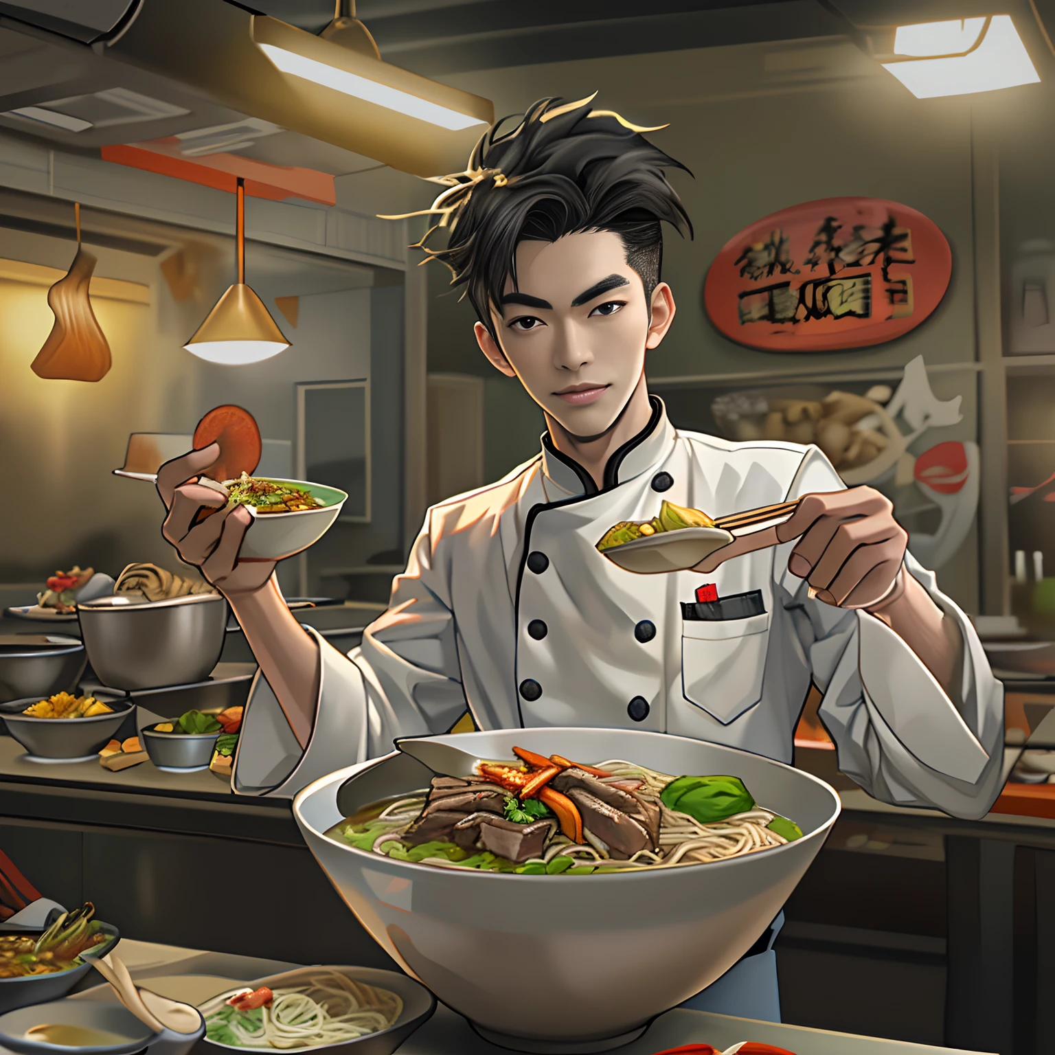 A young and handsome chef stands in front of the camera,Holding a tempting bowl of beef noodles,in the style of the stars art group xing xing, 32K, Best quality, Masterpiece, Super detail,