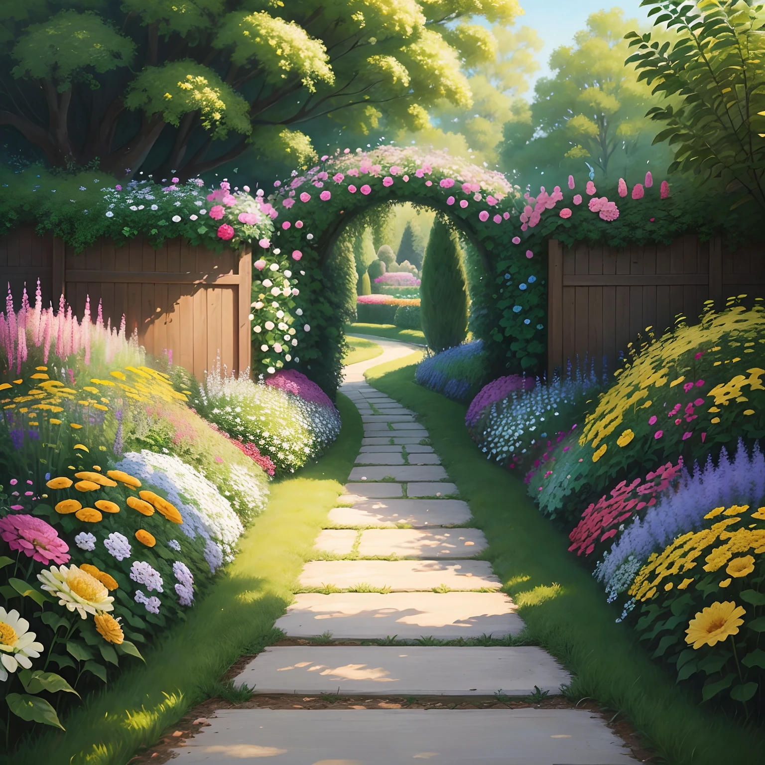Draw a garden,There were flowers and fences,Butterflies fly overhead, painting of beautiful, Beautiful large flowers, realistic flowers oil painting, flowers garden, blossoming path to heaven, Incredibly beautiful, chrysanthemums, Extremely beautiful, author:Li Kelan, Highly detailed painting, painting of beautiful, cottagecore flower garden, Flower garden, nature painting