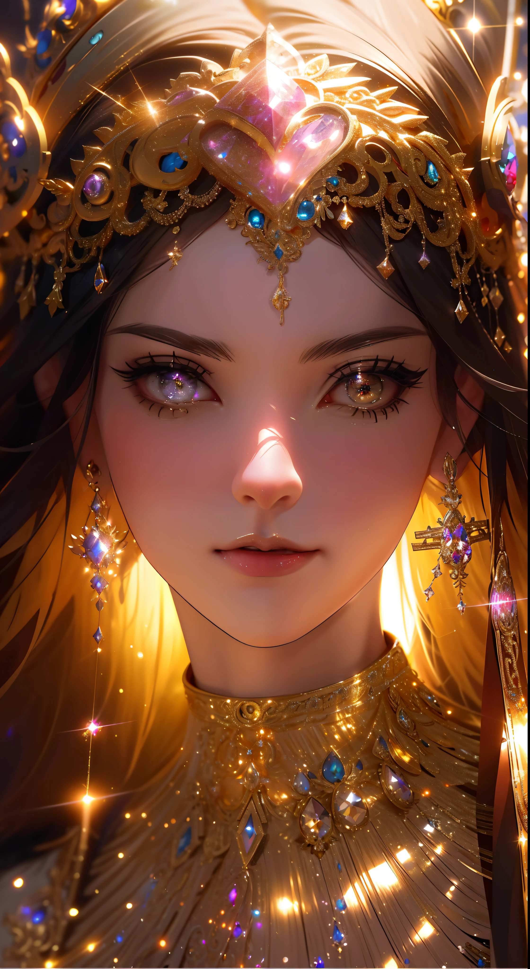 a close up of a woman with a gold headpiece and a tia, 8k high quality detailed art, 4k highly detailed digital art, ((a beautiful fantasy empress)), fantasy gorgeous lighting, detailed digital anime art, stunning anime face portrait, a beautiful fantasy empress, golden shining eyes, magical glowing eyes, glowing magical eyes, fantasy art style