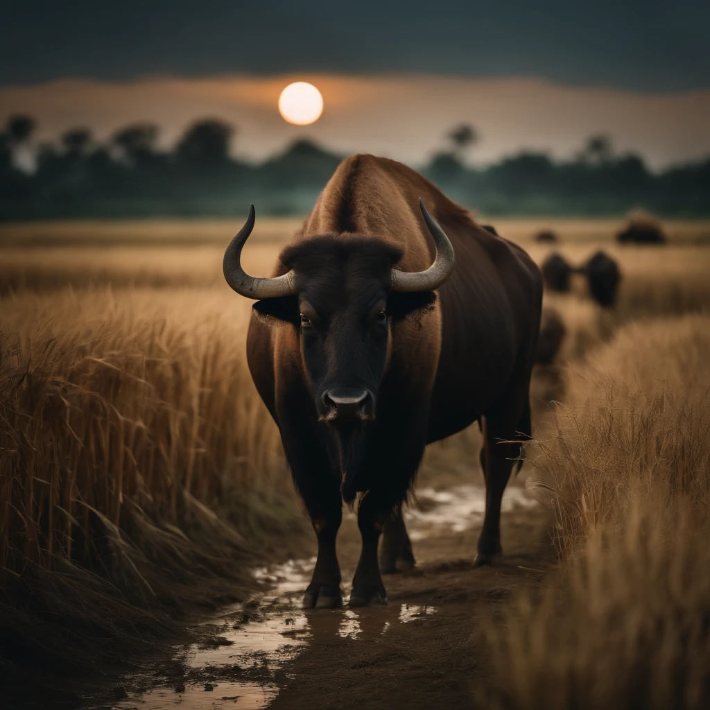 Thai buffalo in the middle of the rice fields, nighttime, dark, moon light