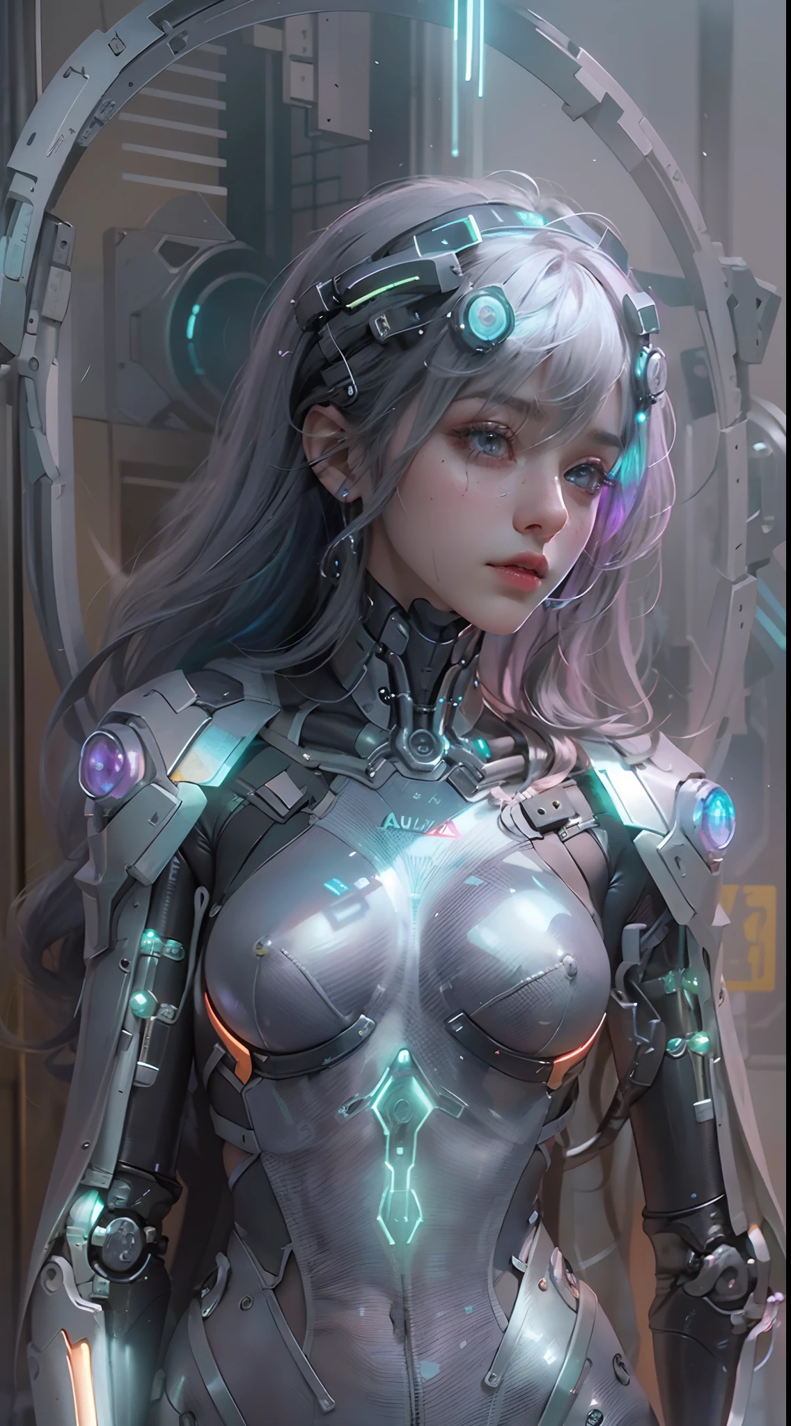 ((of the highest quality)), ((obra maestra)), (detalle:1.4), (((Translucent with mechanical parts and transparent skin++Aurora Material++、++Material de carbono gris++Beautiful woman in cybernetic suit made of))), Pale brightness with LEDs, ((pecho abierto)), Piel de las caderas y los muslos, Teletipo (High Dymanic Range), Trazado de rayos, NVIDIA RTX, Super resolution, Textured dispersion of the PBR subsurface, Post-procesamiento, Anisotropy Filtering, Profundidad de campos, Sombreado de superficies, Accurate light simulation/Material interaction, proporciones perfectas, two-color illumination, amplia apertura, ISO bajo, balance de blancos, 8k, (((Cameltoe))), NSFW, (((mujer alta))), 25 year old woman, Cyber helmet with dull and bright LEDs, hasta la rodilla, protuberancia, puffy nipple, ((Cyber hood with dull and bright LEDs)), Postura abierta, Disparo de vaquero, Piel de las caderas y los muslos, hermoso cuerpo, Ombligo visible en la piel desnuda, Pecho para sentir la gravedad, (pechos enormes: 1.3), (trasero gigantesco: 1.0), Espacio sencillo y minimalista, Poses sexys naturales, Mirando hacia abajo, flequillo opaco, (((Hermoso cabello iridiscente))), (((Aurora Cabello Interior))),