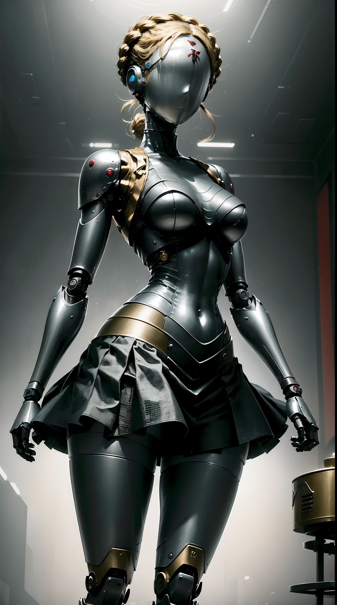 (robot:1.2), Masterpiece, Best quality, Detailed, 1girll, (Top:1.4), (Mini skirt:1.3), arms back behind, [Meticulous, Surgical precision]