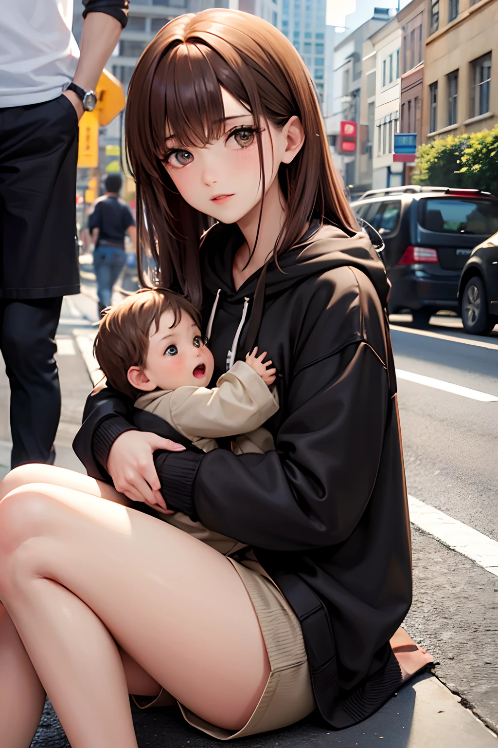 mom dressed in a light brown skirt and a black hoodie. holding her son on her, streets, sitting on lap, shorts