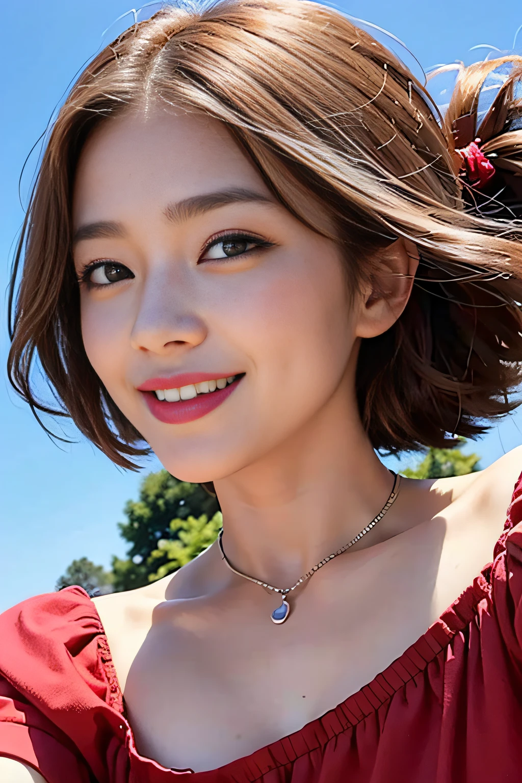 Selfie, Looking at the viewer, Pretty face with very detailed details, Clear background, The face is fully visible、Happy smile when you see this、Looking up from below、Bright red summer clothes、Hair swaying in the wind、