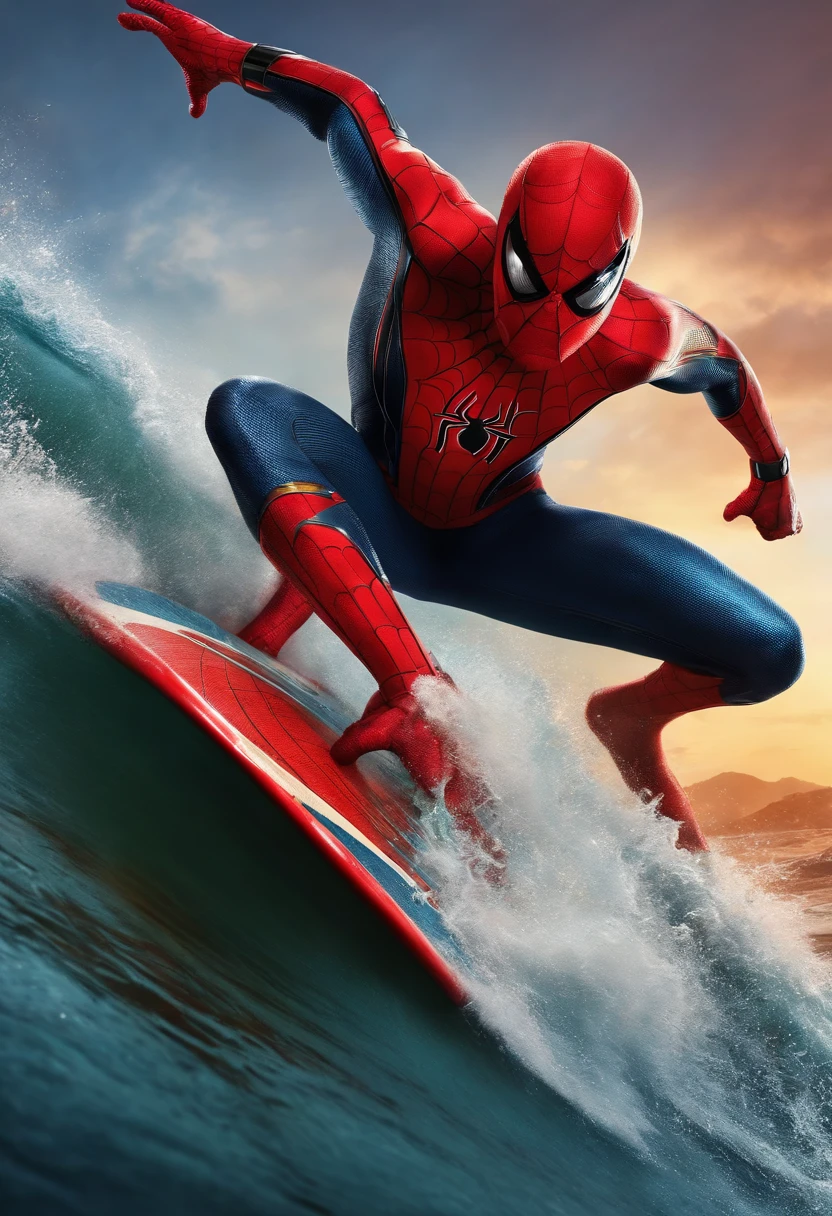 Masterpiece, Best quality, A high resolution, Spider-Man surfing on a surfboard