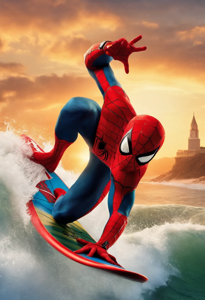 Masterpiece, Best quality, A high resolution, Spider-Man surfing on a surfboard