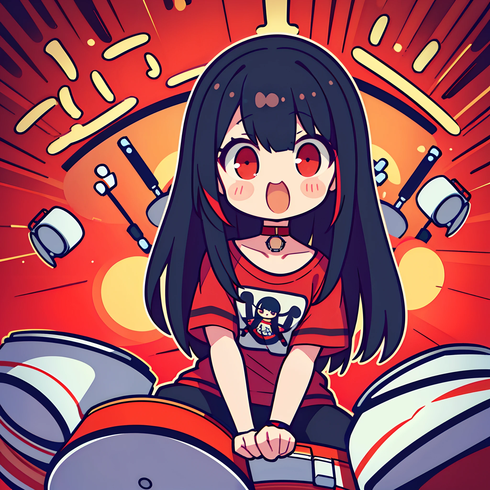 (Best Quality,4K,hight resolution), An 18-year-old woman,Band Background,drum,drummer, Red mesh color on black hair, length hair,straight haired,Comical look,kawaii illustration,Cute illustration,Visual kei,Oversized Rock T-Shirt,a red choker