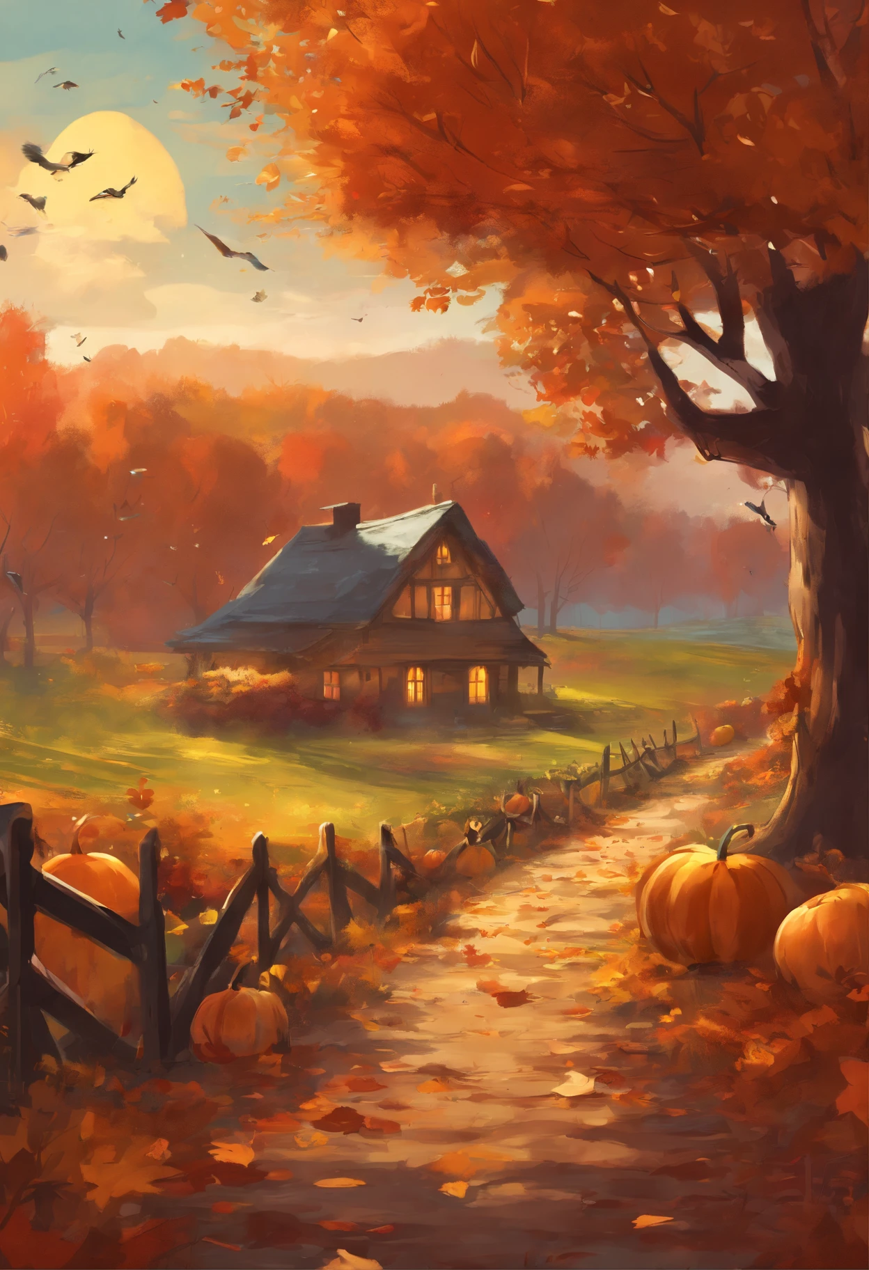 (best quality,4k,8k,highres,masterpiece:1.2),ultra-detailed,realistic,autumn landscape,fall foliage,nature,picturesque scenery,vibrant colors,crimson leaves,golden sunlight,fading greens,rustic charm,tranquil atmosphere,gentle breeze,falling leaves,crisp air,serene pond,reflection of trees,on the water,roaming deer,forest animals,autumn harvest,abundance of pumpkins and apples,farmhouse in the distance,cozy atmosphere,soft shadows,ethereal beauty.