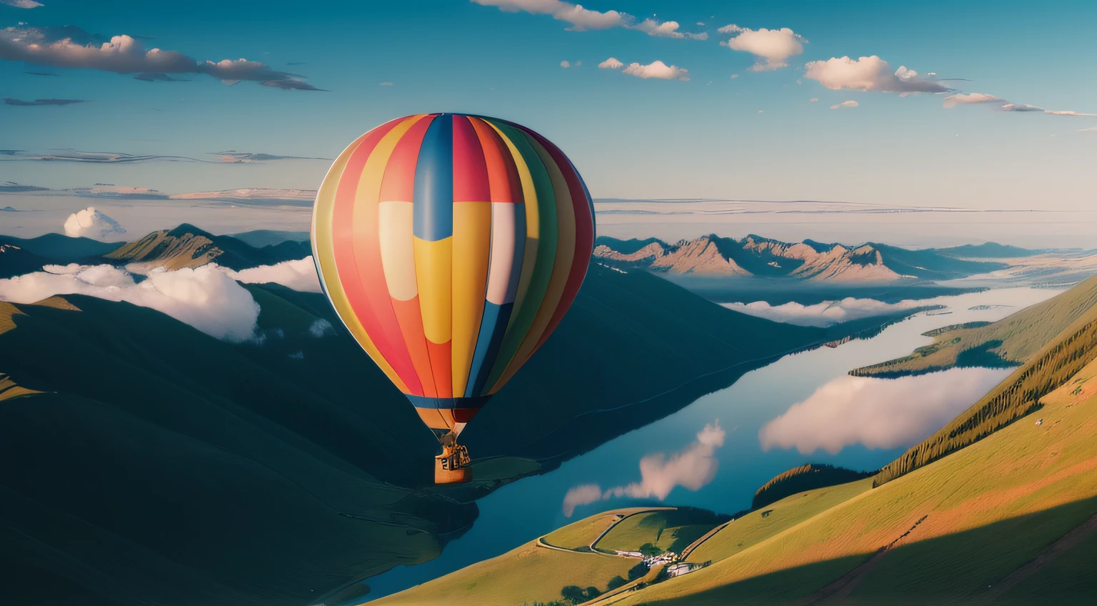 (best quality,4k,highres,masterpiece:1.2),ultra-detailed,realistic:1.37,hot air balloons,float serenely,clear blue sky,largest,brightly colored balloon,center of the scene,peaceful atmosphere,gentle breeze,glistening sunlight,fluffy clouds,scenic view,beautiful landscape,vivid colors,awe-inspiring,tranquility,captivating,adventure,joyful journey,majestic,uplifting,magnificent,serene,majestic