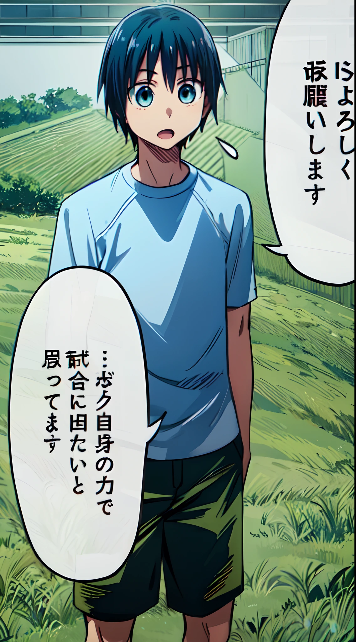 a anime of a boy cartoon, white shirt, blue hair color, shorts, manga, text manga, color manga, manga color, color manga, color manga panel, a simple grass background