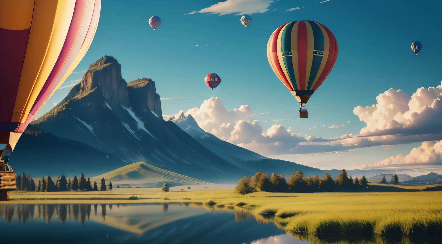 (best quality,4k,highres,masterpiece:1.2),ultra-detailed,realistic:1.37,hot air balloons,float serenely,clear blue sky,largest,brightly colored balloon,center of the scene,peaceful atmosphere,gentle breeze,glistening sunlight,fluffy clouds,scenic view,beautiful landscape,vivid colors,awe-inspiring,tranquility,captivating,adventure,joyful journey,majestic,uplifting,magnificent,serene,majestic