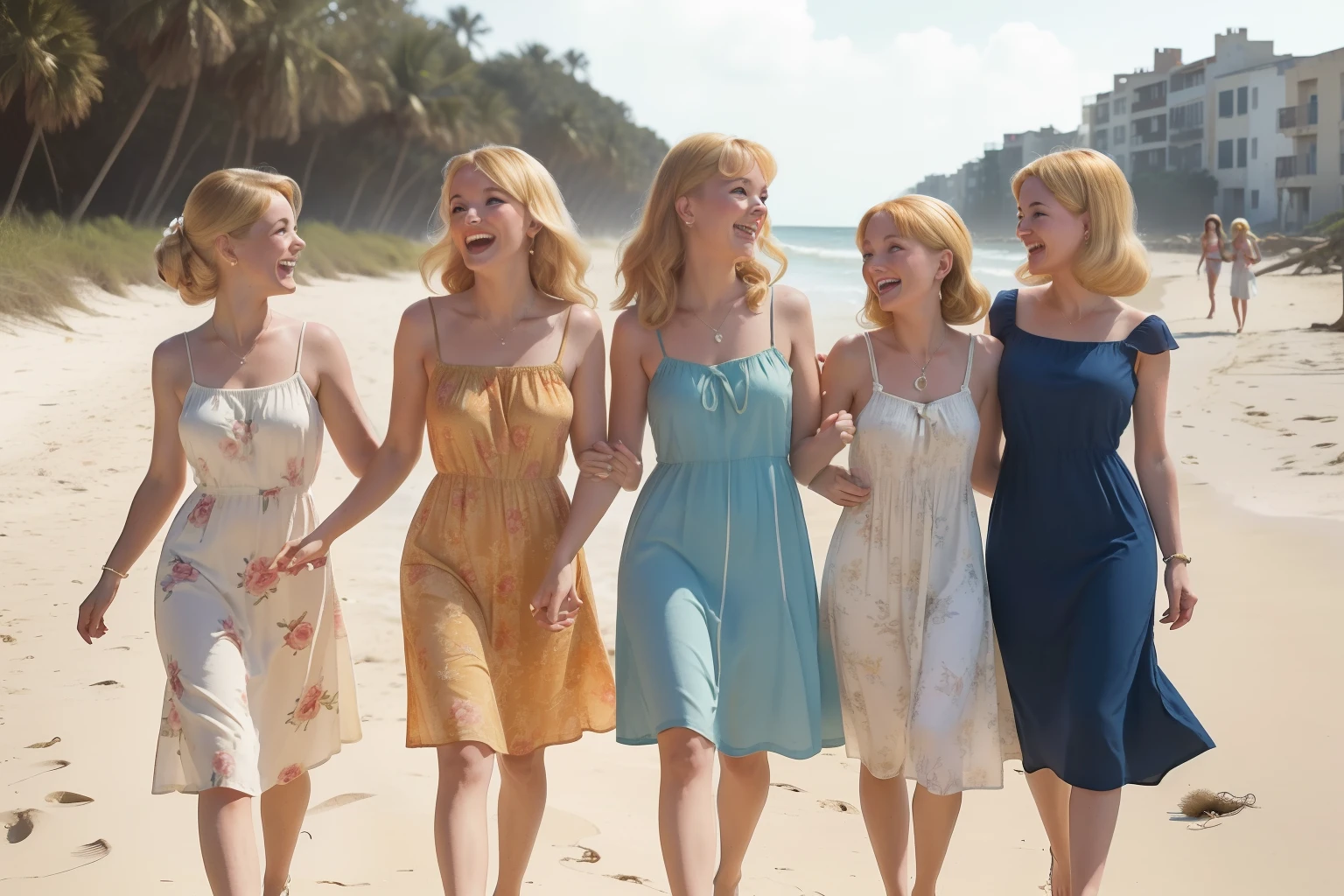 Year: 1960. Location: Edisto beach. pre-raphaelite scene with four blonde women walking together in the beach, ((arms intertwined at the elbows)) ((laughing)), ((1960s beach dress)) ((1960s hairstyle)) ((in the style of "Only Murders In The Building")) ((cinematic style))