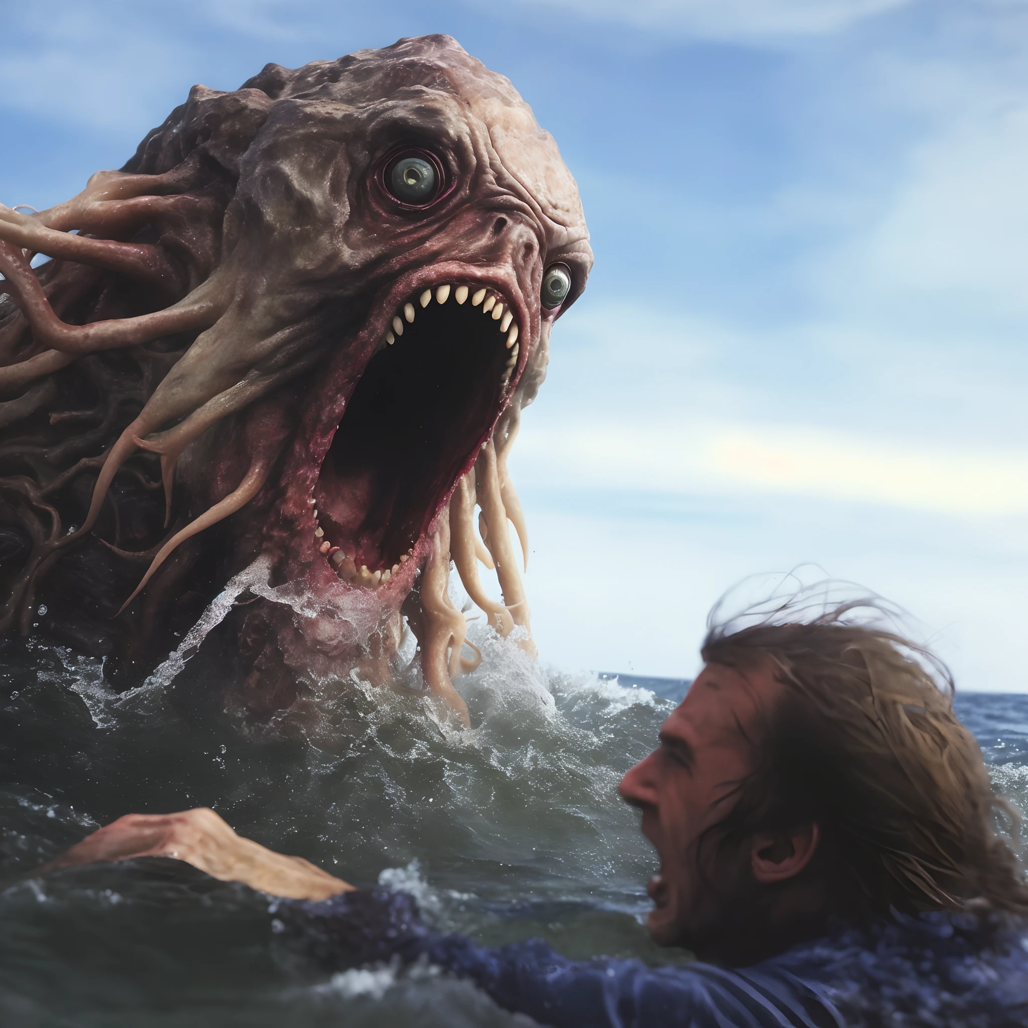 there is a man in the water with a giant monster head, scary sea monster, cthulhu rising from the ocean, ocean giant creature bloop, sea monster, lovecraftian sea creature, looming creature with a long, kaiju cephalopod, monster ashore, huge creature, photo of cthulhu, deep sea horror, scylla and charybdis