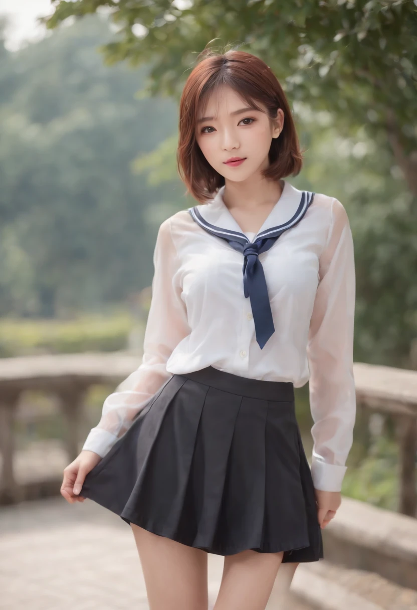 18 years old, Japan Female, Long hair, Raw photo, Bokeh (Realism: 1.4, Realistic), high-definition CG unified 8K wallpapers, 1girl in, ((Slim body: 1)), (Small breasts: 1), Back to viewers, ((Direct view from the front)), (HQ Skin: 1.4), 8K UHD, Digital SLR, Soft light, High quality, Film grain, 富士XT3, ((School uniform, Short skirt,See-through open skirt:1.5)), ((plein air, on the park))) I am holding my skirt up in the wind with my hand., Portrait,((Layered short haircuts, Black Hire,tiny chest:1.2)),(Looking at Viewer:1.4),(Full body:1.8)