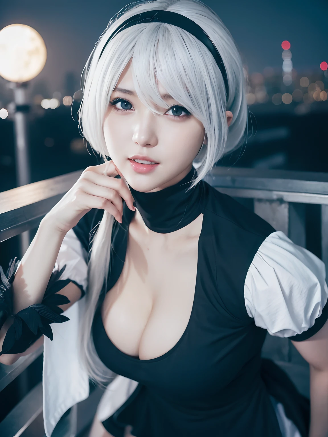 (4 k、top-quality)、(realisitic、Photorealsitic)、(Yakian)、
1girl in、独奏、fullllbody、(face to the viewer)、
perfect hand、up looking_で_the viewer、
whiteshirt、
City at night、natta、finerly detailed face、Slightly chubby、The best smile、You can see the double teeth、white hairband、Yorha No. 2 Type B、YORHA 2B、Nier Automata 2B Hairstyles,,(super gigantic breast, 、cleavage:1.2),(Nier:Automata 2B Cosplay:1.3), (Cameltoe),、Nogizaka Idol、actress、Korean Idol、Model Standing、