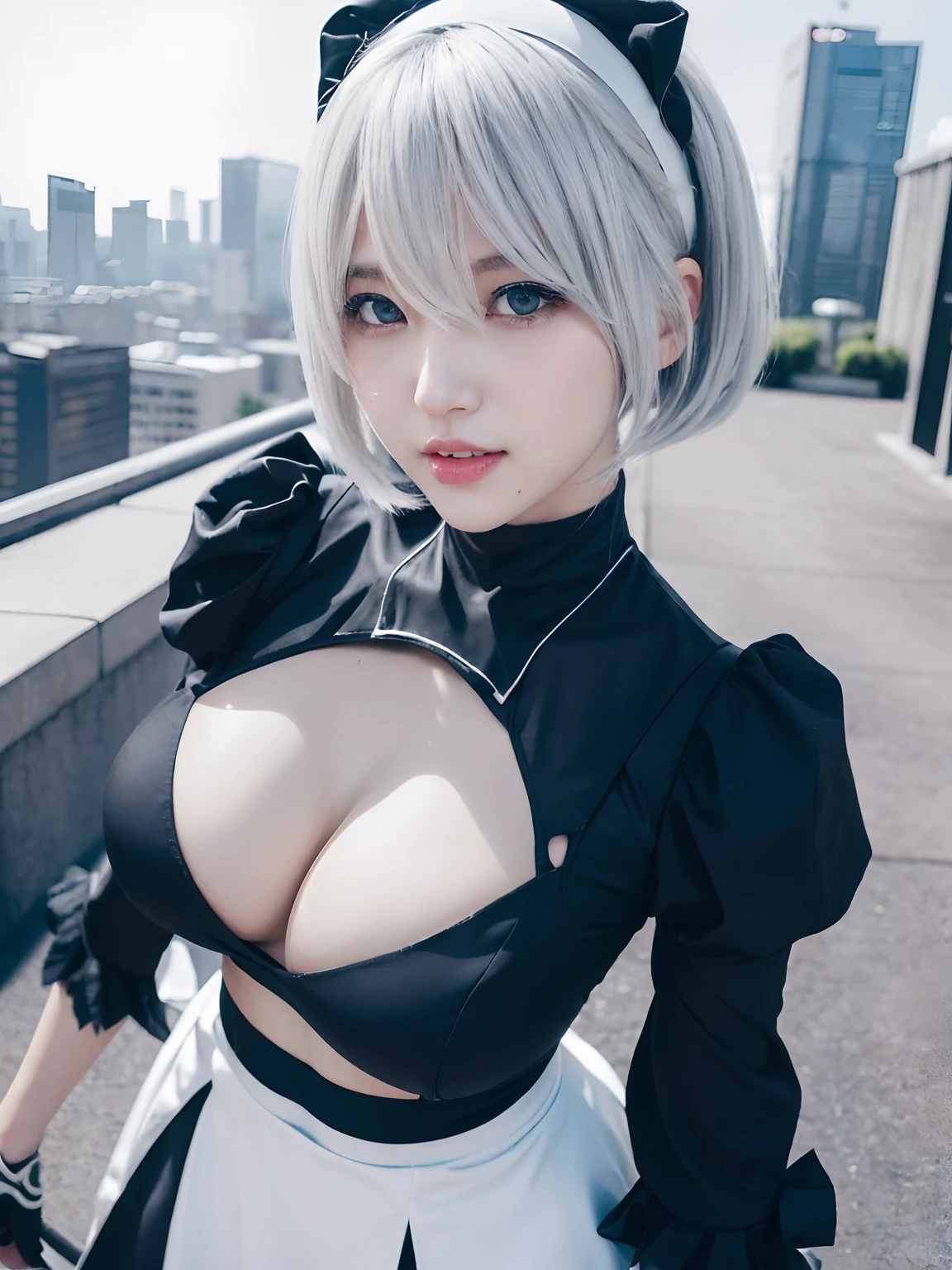 (4 k、top-quality)、(realisitic、Photorealsitic)、(Yakian)、
1girl in、独奏、fullllbody、(face to the viewer)、
perfect hand、up looking_で_the viewer、
whiteshirt、
City at night、natta、finerly detailed face、Slightly chubby、The best smile、You can see the double teeth、white hairband、Yorha No. 2 Type B、YORHA 2B、Nier Automata 2B Hairstyles,,(super gigantic breast, 、cleavage:1.2),(Nier:Automata 2B Cosplay:1.3), (Cameltoe),、Nogizaka Idol、actress、Korean Idol、Model Standing、