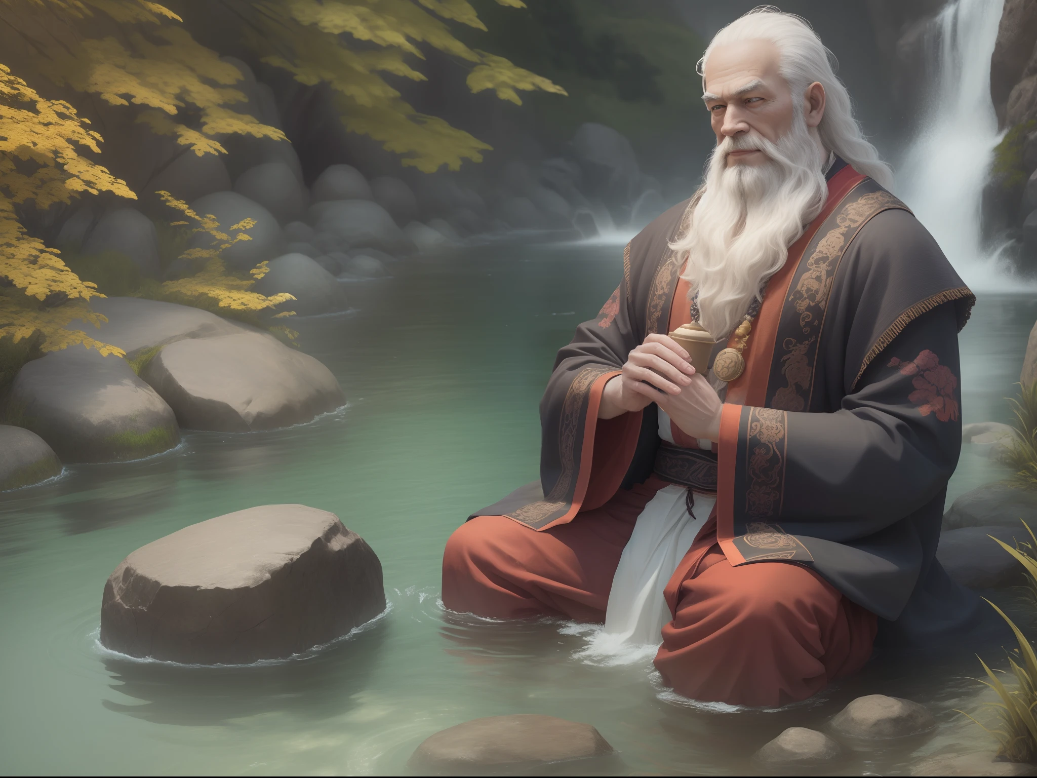/Imagine Zen old monk, A high-ranking monk, Gray robe, largeeyes, Smile and meditate, Face the camera, Full body photo, Frontal photo, The background is alpine flowing water, Chinese wind, the detail, Cinematic light, High quality --ar 3:4[Pictures], 。.3D, surrealism, Cinematic lighting, hyper HD, Super detail, Textured skin, hyper HD, ccurate, Textured skin, High details