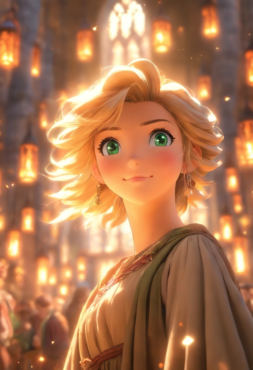 Bokeh, raw, dappled light on a woman in a attractive woman with small breasts, green eyes, collected blonde hair, wearing an intricate peasant dress in medieval times, buying fabrics in a medieval market, (background: medieval market with merchants and crowd in the background, medieval buildings), realistic, HQ face, HQ eyes, HQ hands, atmospheric, light flares, intricate details, enhanced lighting, dramatic overhead lighting, cute, shallow depth of field, intricate details, god rays
