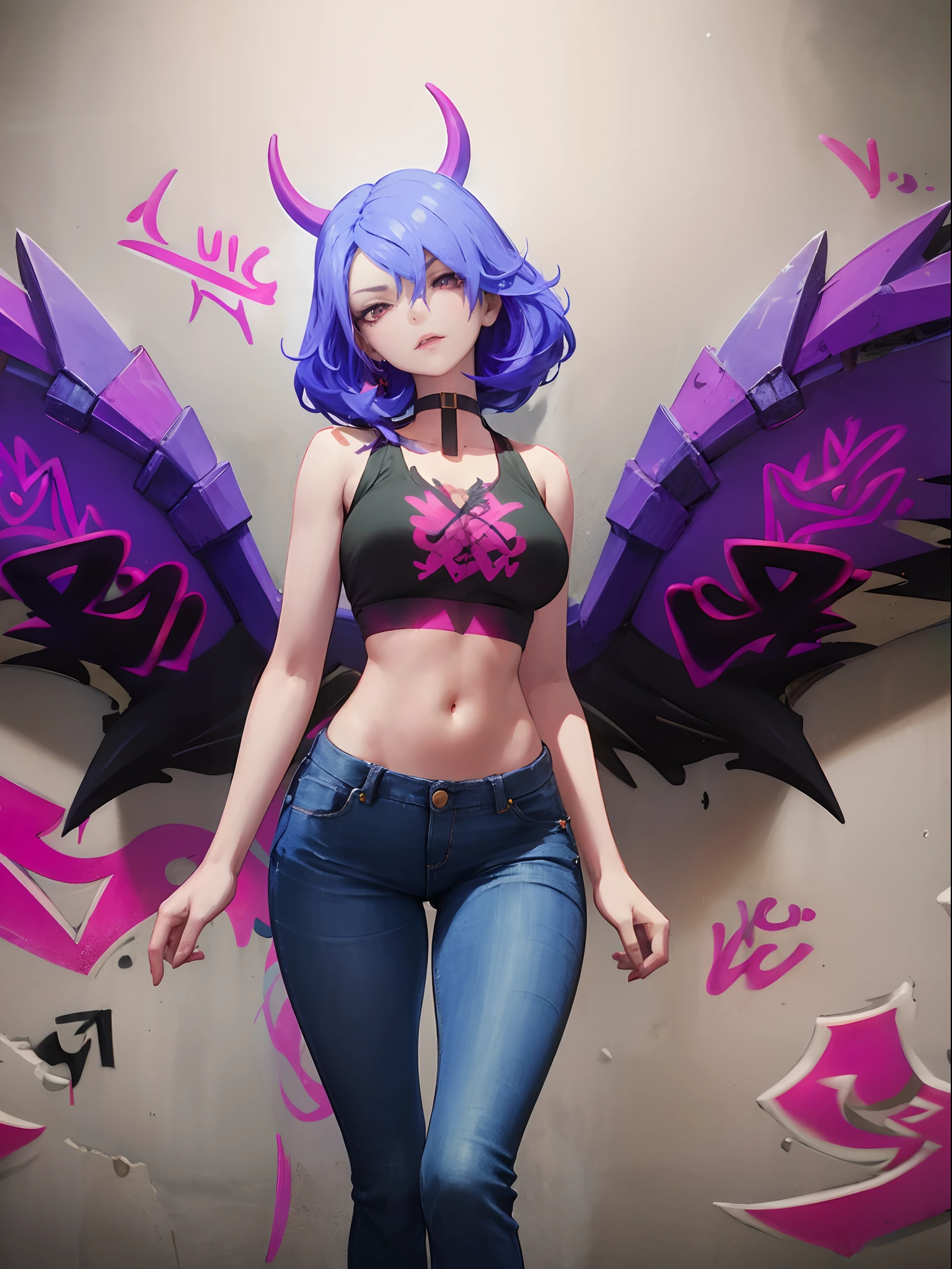 Veera|Arena of Valor, master-piece, bestquality, 1girls,25 years old, It has demonic wings on its back...., proportional body,proportional., crop top, Long Jeans, gigantic breasts, ,bara, crop top, choker, (Graffiti:1.5), Splash with purple lightning pattern., arm behind back, against wall, View viewers from the front., Thigh strap, Head tilt, bored,