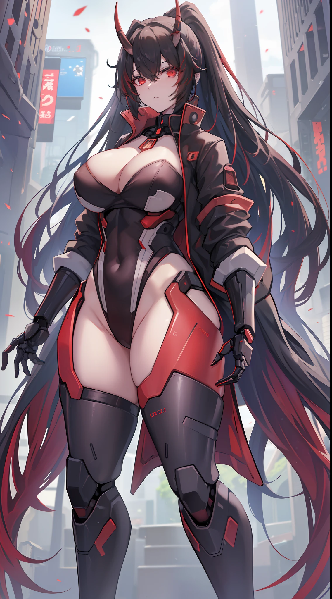 (best quality, masterpiece, anime) (solo) black hair, very long flowing hair, red eyes, thick thighs, huge breasts, muscular, athletic, full android mecha body, (android mechanical arms:1.3), (android mechanical legs:1.2), (high-leg leotard:2.5, high-cut leg:2.7, one-piece:1.5, red:1.2, black:1.4, cleavage), (jacket, no sleeves, black:1.3, red:1.2), (forward facing mecha oni horns:1.2), gauntlet, toned body, 1 woman (age 30), sword hand, beautiful, sexy, lucia, Lucia_Crimson_Weave, mecha,