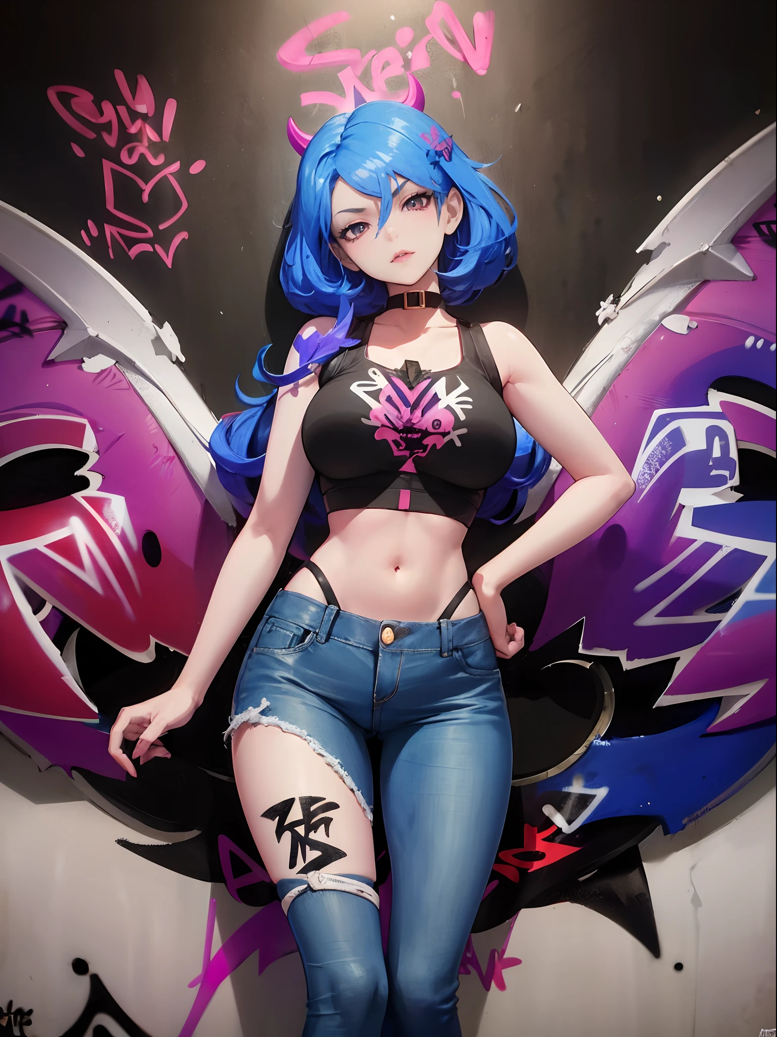 Veera|Arena of Valor, master-piece, bestquality, 1girls,25 years old, It has demonic wings on its back...., proportional body,proportional., crop top, Long Jeans, gigantic breasts, ,bara, crop top, choker, (Graffiti:1.5), Splash with purple lightning pattern., arm behind back, against wall, View viewers from the front., Thigh strap, Head tilt, bored,