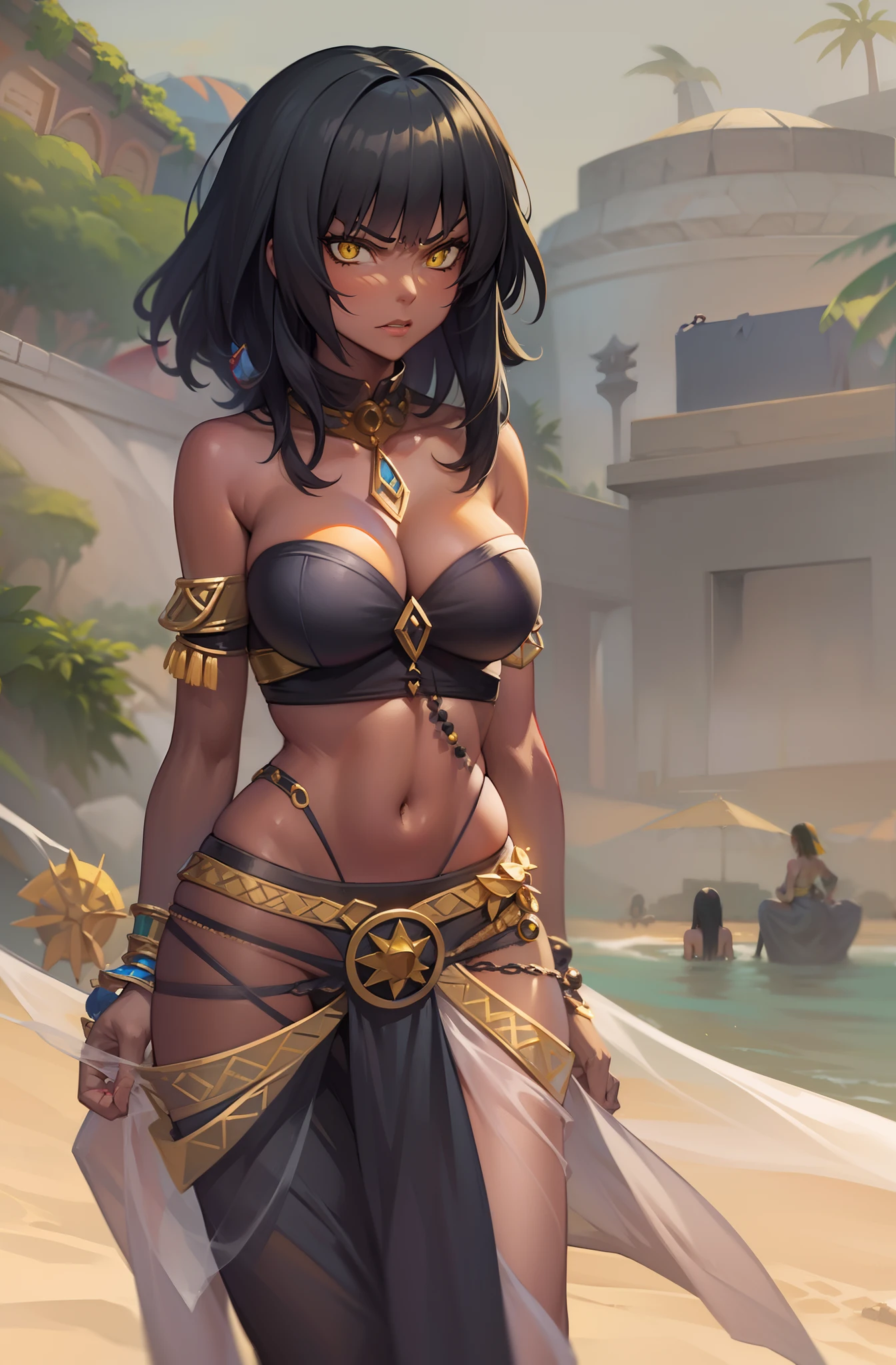 legend of queen opala, 1girl, osira (character), black hair, Egyptian skin, yellow eyes, blunt bangs, big breasts, black form-fitting strapless bra, black thong, see-through baggy harem pants, annoyed expression, in the beach near the desert, turned around